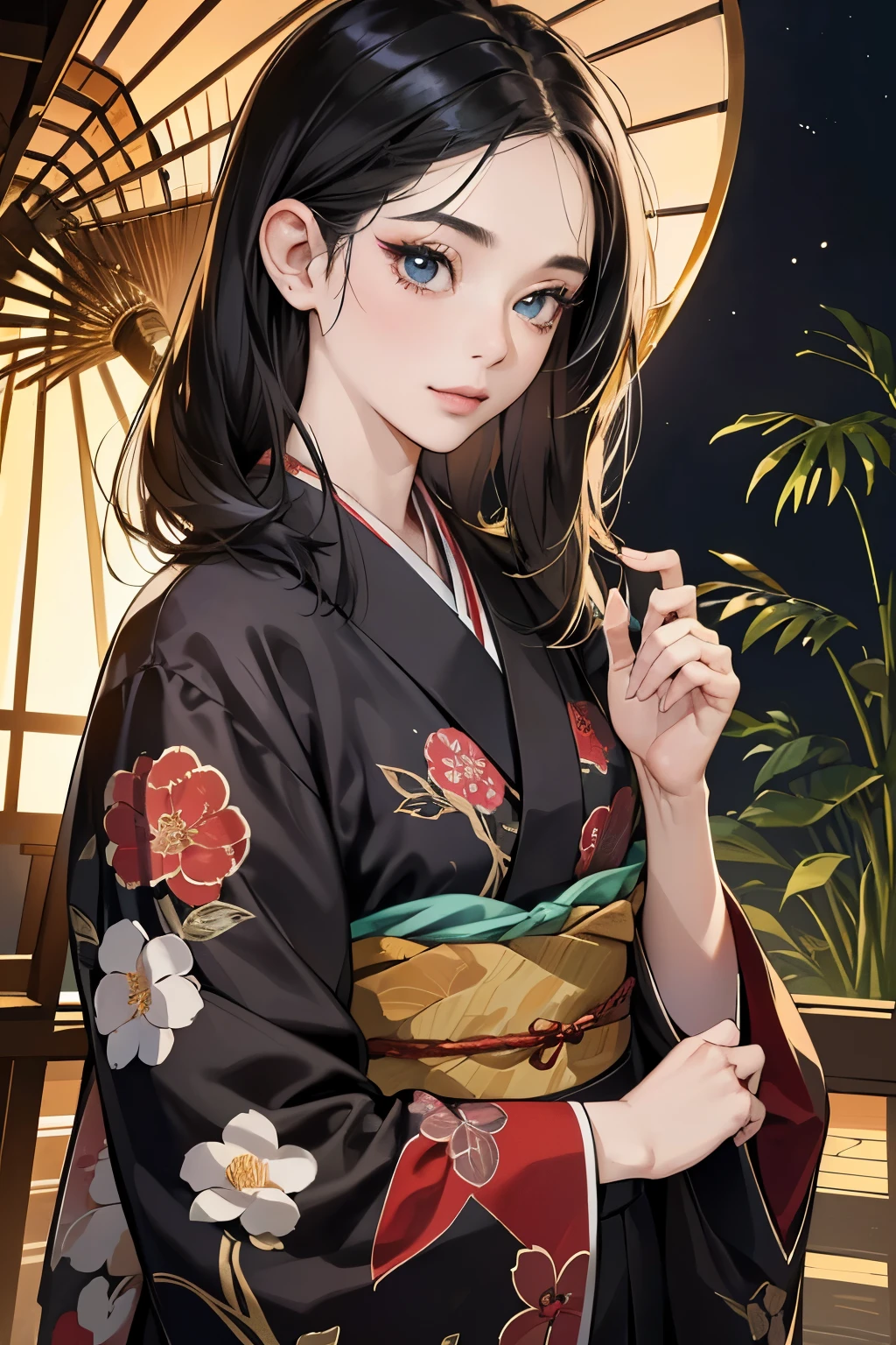 (masutepiece, Digital Art, Digital Illustration, 4K, 8K, Ultra-detailed, beautiful image, Sharp Image, Photorealistic, Raw photo, Perfect face, Perfect lines, Perfect eyes, Soft lighting) ,1 woman, (Black hair,straight haired,Bullish gaze,Beautie,ellegance,Solid makeup,23 y-o woman,small tits:1.3),スーツ姿のハンサムなember性2人, (ember,ember性はスーツ姿,well-muscled,Firm shoulder width, emberの,Boyish hairstyle,English gentlemanly style,クールな表情の30代ember性,明るい笑顔の28歳ember性:1.2),Show white teeth and smile(embarrassed from,Shy smile:1.1),(Nervous,be shy,sleepy,embarrassed from:1.1),Open your thin mouth,innocent smiles,Looking at the camera,Dating,Japan Traditional Night Kimono,raise arms,Black floral kimono,Hot Spring Ryokan、bamboo forest garden