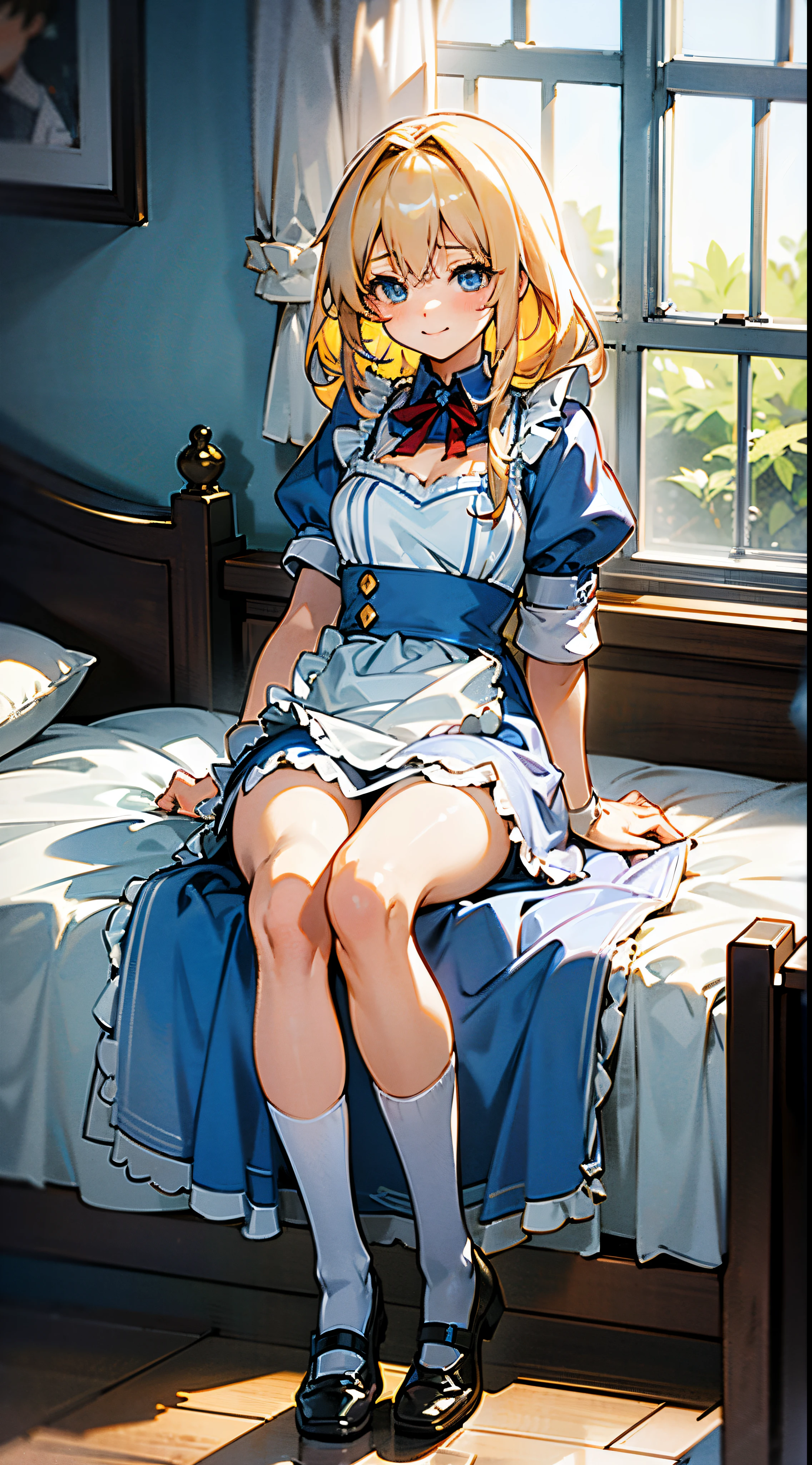 anime styled, The ultra -The high-definition, alice in the wonderland, Super cute girl, a blond, long, shame, A gentle and inviting smile, light blue fluttering short dress, frilldの付いた白いエプロンスカートを重ねる, frilld, B-cup breast, Light blue fluttering mini skirt, 靴下はつま先から太ももの真ん中までのlongめの白いニーハイソックスです。., and draw the full body, Inside an old Western-style building, absurd worldview, A window that lets in bright sunlight, Her clothes are a little disarrayed and her breasts are exposed.., pee, お漏らししてpeeが股から出て太ももを伝ってチョロチョロと細く流れている, Lie down on the bed, free pose