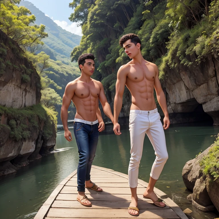 Dois homens loiros, nus, gozando em cima de uma ponte, gays, loucos e em climax