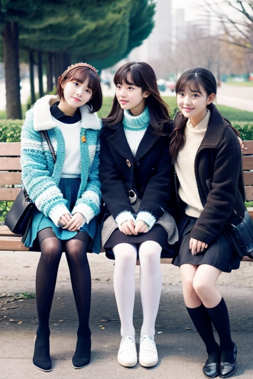 Three beautiful girls wearing down jackets、14years、Knitted skirt、knit tights、Sit on a park bench、
