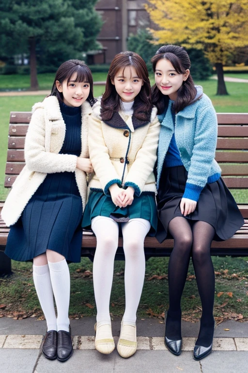 Three beautiful girls wearing down jackets、14years、Knitted skirt、knit tights、Sit on a park bench、
