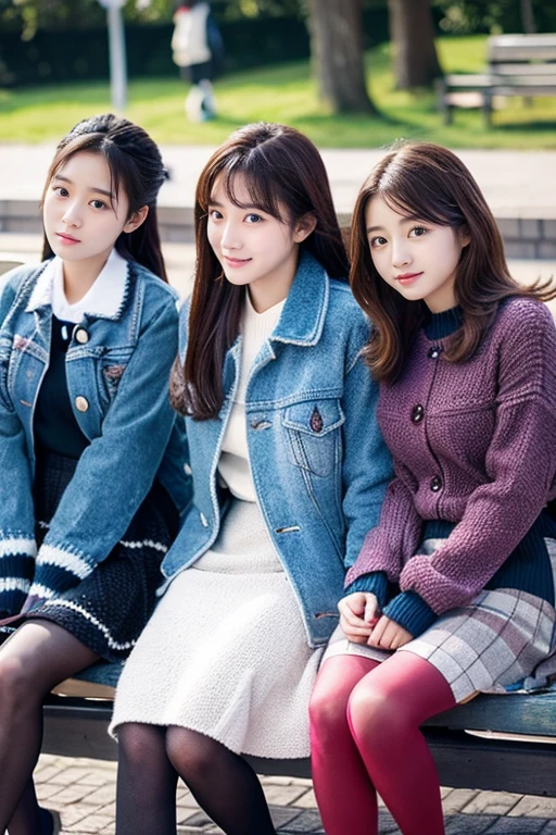 Three beautiful girls wearing down jackets、14years、Knitted skirt、knit tights、Sit on a park bench、
