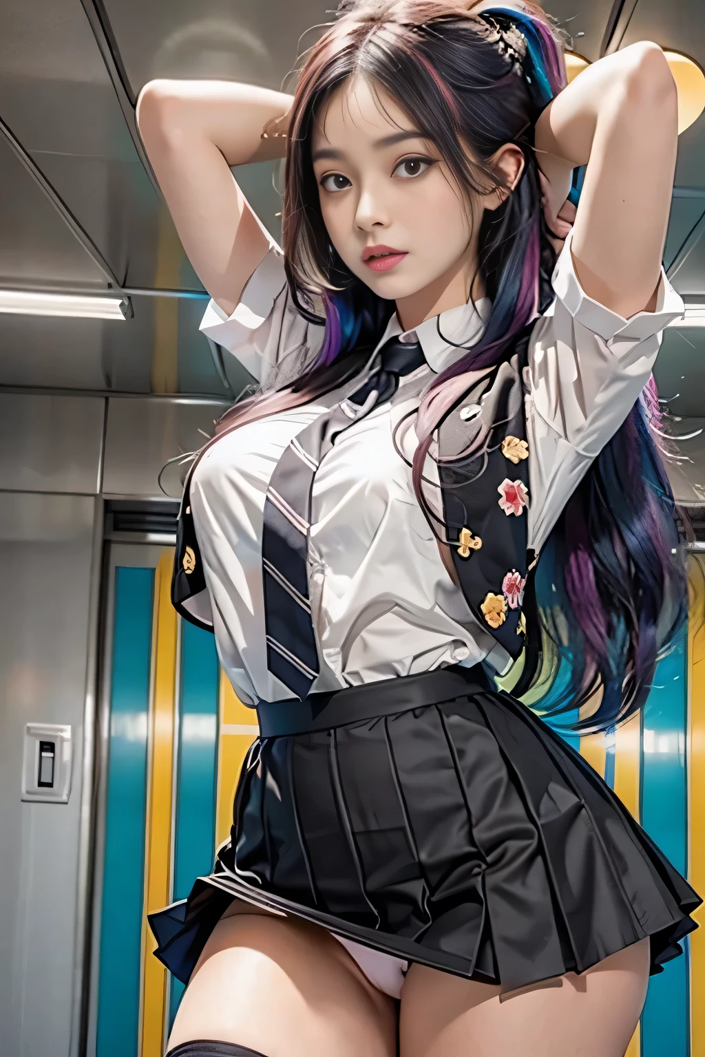 Photorealistic, High resolution, Soft light,1womanl, Solo, hips up high, (Detailed face),The tattoo, Jewelry, Current School Classrooms,On the podium,Wear a uniform、(Black flared skirt),Bigchest,low chest, Long hair、((poneyTail))、((lift up skirt))、((mix4))、((appearance々color panty abe々Colored hair))