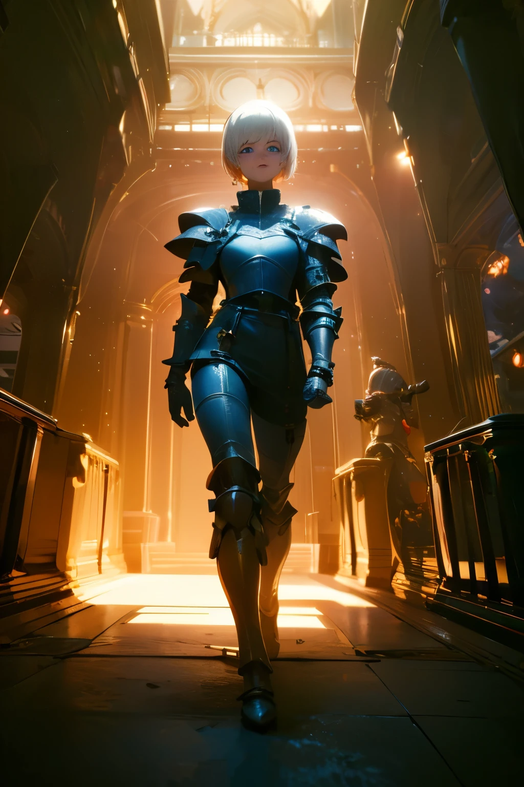 (((masterpiece))), (((best quality))), ((ultra-detailed)), (cinematic lighting), (illustration), (beautiful detailed eyes), (1girl), full body, space, knight, armour, light hair, skirt, walking, medieval city, lasers, best quality, expressive eyes, perfect face, Girl: (20s, white hair, short hair, jumpsuit, silver armour),