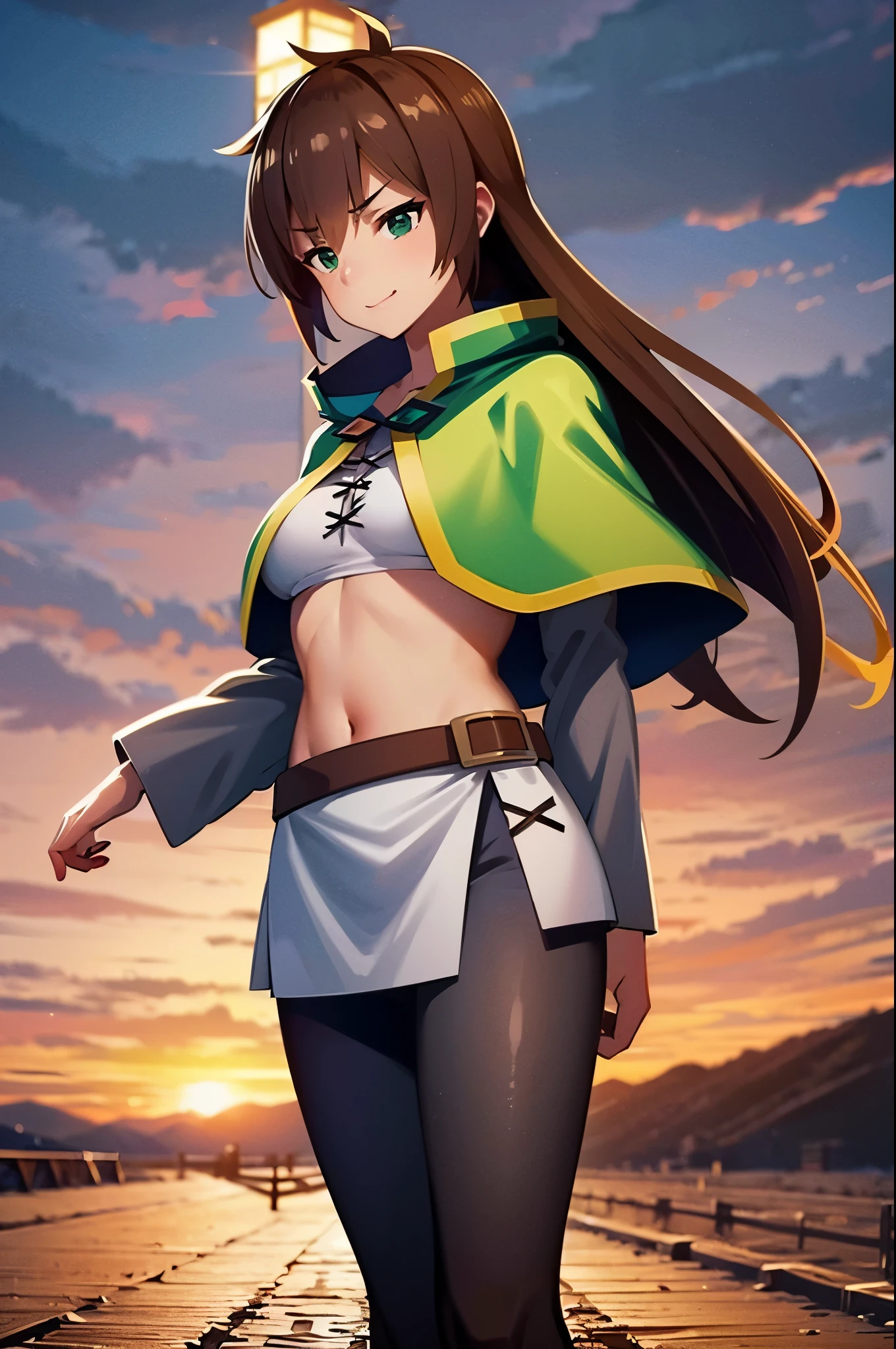 masterpiece, best quality, 1girl, kazuma girl, cowboy shot, (female body:1.3), long hair, brown hair, green eyes, green cape, capelet, boots, black pant, field, landscape, standing,finely detailed eyes and detailed face, extremely detailed CG unity 8k wallpaper, intricate details,depth of field, black pant, looking at viewer,