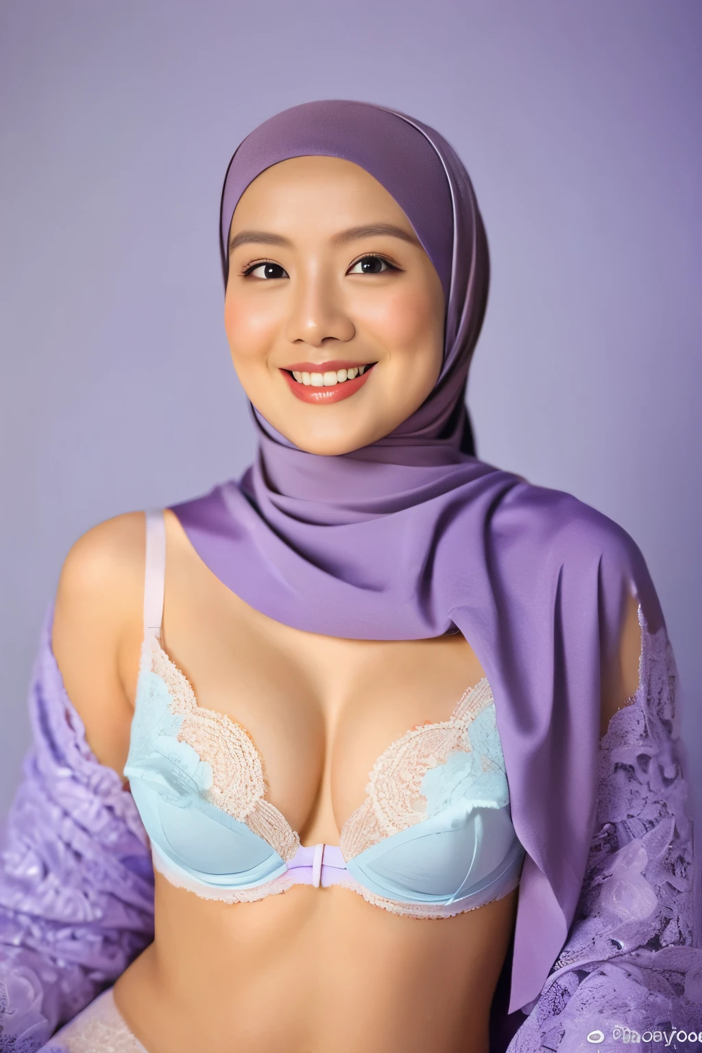 Matured Malay women in hijab wearing sexy satin lace lilac color bra and panties, portrait photography, 35 years old, mid shot photo, ultra detail, professional photograph with professional lighting, smile, light blue studio background, sexy seducing pose, curvy,