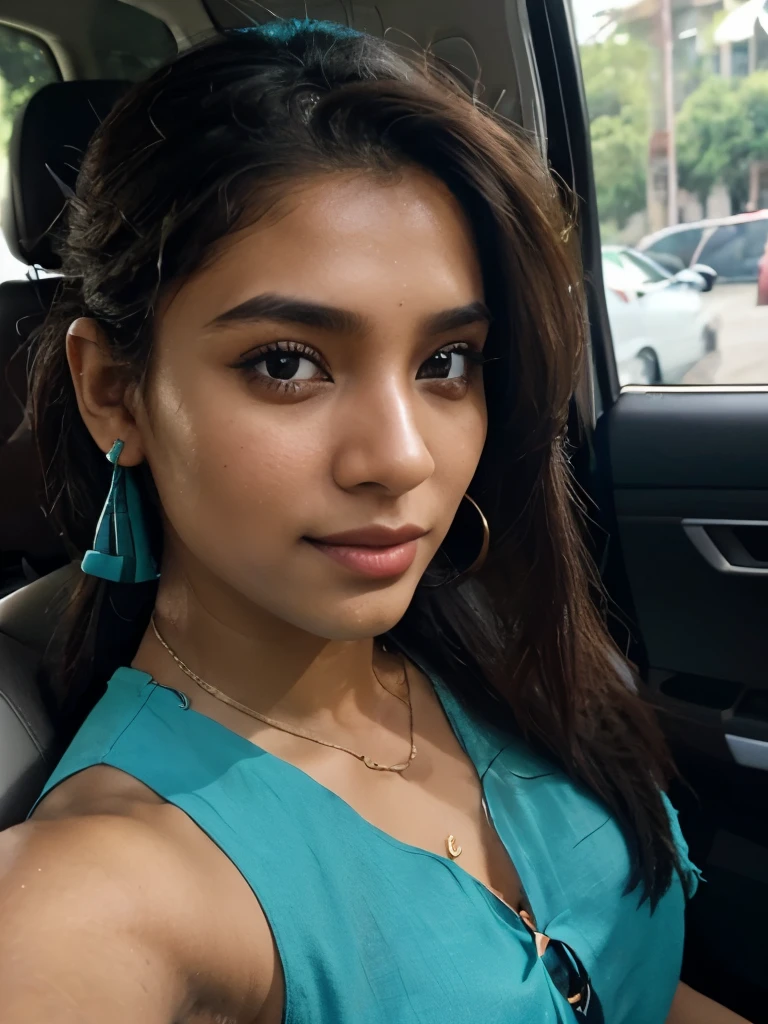 ((self-taken photo)), natural colors, ((selfie photo)), of a 22-year-old Sri Lankan woman named Kasuni, (dark long ponytail hair), dark fair skin, black eyes, feminine features, iPhone, mobile quality, mobile focus, tack smooth, Instagram filter, TikTok filter, detailed face, detailed eyes, oiled skin, profile picture, smiling, ((sitting inside a car)), ((turquoise dress, ladies jewelry)), natural lighting.