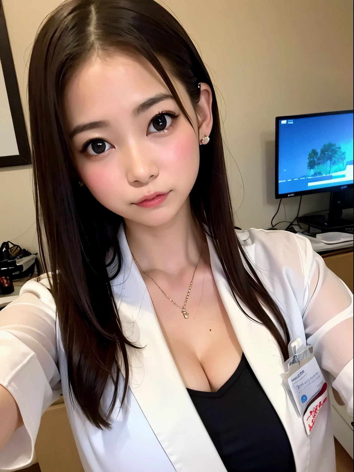 (top-quality、8K、32K、​masterpiece、nffsw:1.2)、Photo of a cute Japanese woman、*** 1 人、(Medium short dark brown hair)、(Colossal tits)、二重まぶた、White nurse uniform、White shirt、open-shirt、hospitals、hospitals部屋、The upper part of the body、A sexy