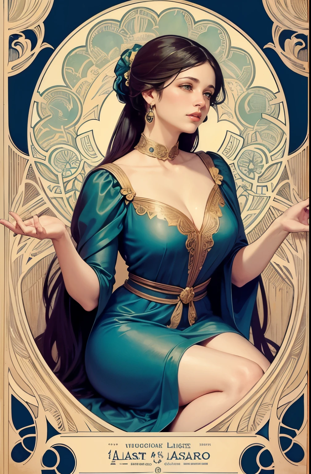 ((masterpiece)), (best quality), (cinematic),  art nouveau style watercolor art, Greek goddess,A mature sexy woman with large breasts, big eyes, long thick eyelashes, pale skin, full lips, green eyes, long thick fair hair,  high ponytail, is dressed sexy in a dark blue and gold dress . A bare tree branch extends from behind the figure, its leaves appearing to be falling or wilting. The entire scene is adorned by a beautifully decorated oval frame, featuring intricate designs and patterns in the style of Alphonse Mucha.