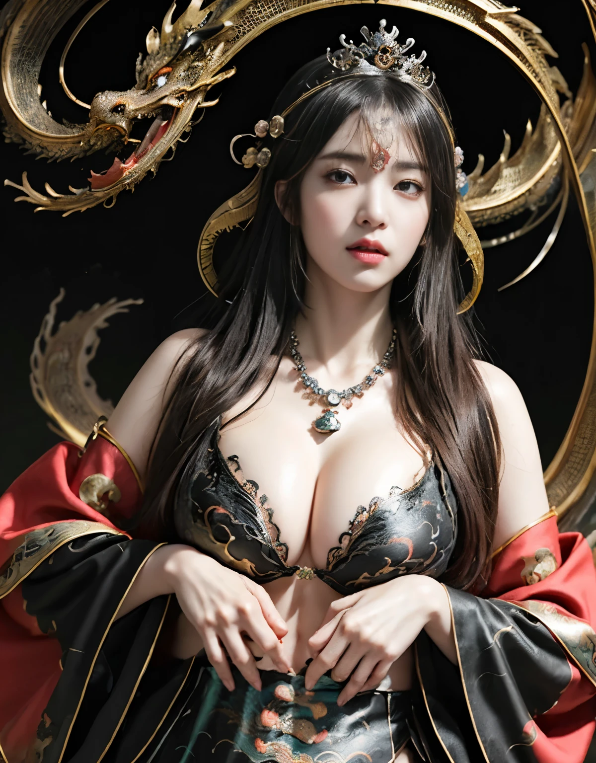 (heavy breasts)、top-quality、​masterpiece、超A high resolution、（Blue Dragon Armor）、(((metals製))),(((Colossal tits)))、(((Detailed white micro bikini))),(Wearing a beautiful crown made of jewels),(Photorealsitic:1.4)、Raw photo、1人、(((Random hair))、(((Take different poses)))、glowy skin、(((black chinese dragon)))、Intricate and ornate hair ornaments、（Looks like a gorgeous jewelry necklace）、（A person who sees with calm and goddess-like eyes）Happiness:1.2)、（metal bikini background)).((Beautiful coral and sea background))、Precipitous cliffs、(ruins background)、((super realistic details))、portlate、globalillumination、（sexypose）、Shadow、octan render、8K、Colossal tits、Raw skin exposed in the cleavage、metals、Details of complex ornaments、Japan details、highly intricate detail、Realistic light、CG Society Trenlow Eyes、Eyes shining towards the camera、Toostock、（veils）、(((Heavy Big))),Shining eyes shine、Armpit、