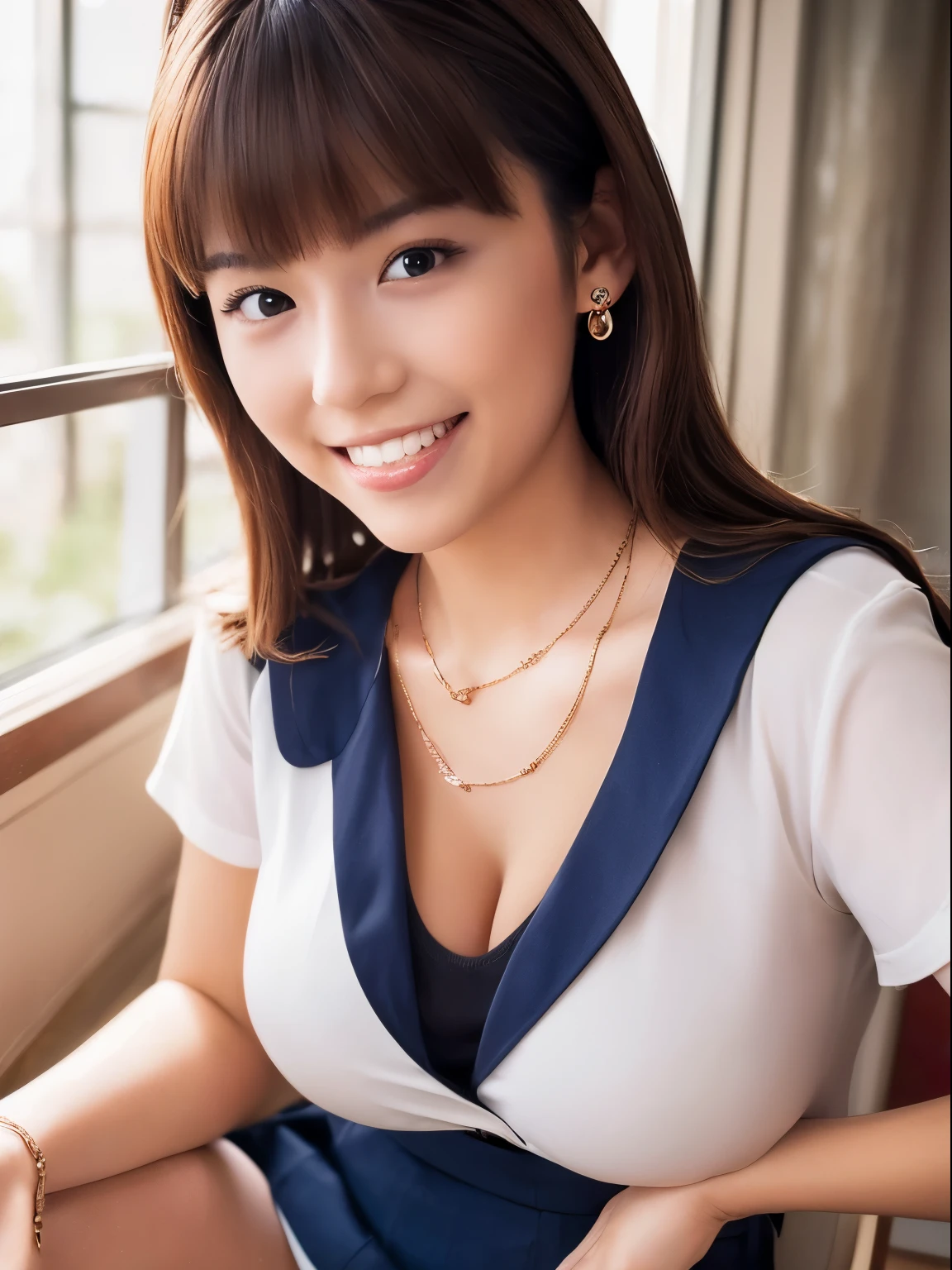 Photorealistic perfect body、Ultra-high image quality、Ultra-high realistic image quality、(a baby face:1.5)、(Japan schoolgirl in the 1990s:1.3)、(School Uniform Tops:1.3)、(School uniform skirt:1.3)、(School Uniform Blazer:1.3)、(Loose-fitting leg warmers:1.3)、(Leather shoes:1.3)、(huge-breasted:1.4)、(cleavage of the breast:1.7)、Waist slender、(Parted bangs)、(short curly blonde hair:1.2)、(good lighting)、(blurry backround)、(grin)、(glossy rose gold lip)、Gal Style Makeup、Gal style earrings、Gal style bracelet、(Gal style necklace、Double Necklace:1.3)、stepullbody sitting at school)