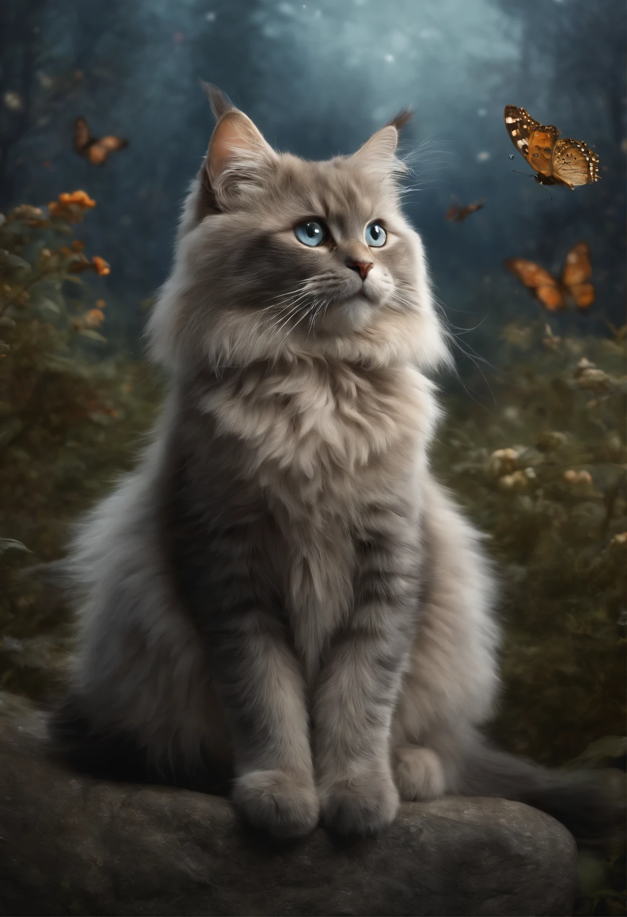 ,Drawing with a cat, sitting on a stone in the snow, butterfly in the sky, butterflies fly into the sky, cat looks at butterflies, a starry sky, inspired Mark Keatley, Anthropomorphic Great Maine, Brian Thomas, by Cynthia Sheppard, Beautiful picture of high, close portrait, magali villeneuve', Heather Theurer, Mark Keatley, Portrait of a cat, Lisa Parker, Thomas Kinkade, blue siberian forest cat,    painting by Jean-Baptiste Monge, anthropomorphic --ar 2:3 --testp -optimistic;  Straight hair