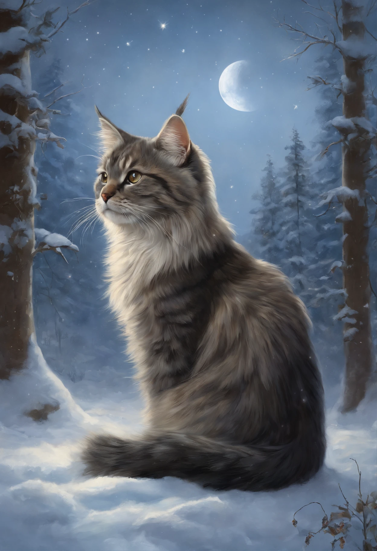 ,Drawing with a cat, sitting on a stone in the snow, butterfly in the sky, butterflies fly into the sky, cat looks at butterflies, a starry sky, inspired Mark Keatley, Anthropomorphic Great Maine, Brian Thomas, by Cynthia Sheppard, Beautiful picture of high, close portrait, magali villeneuve', Heather Theurer, Mark Keatley, Portrait of a cat, Lisa Parker, Thomas Kinkade, blue siberian forest cat,    painting by Jean-Baptiste Monge, anthropomorphic --ar 2:3 --testp -optimistic;  Straight hair