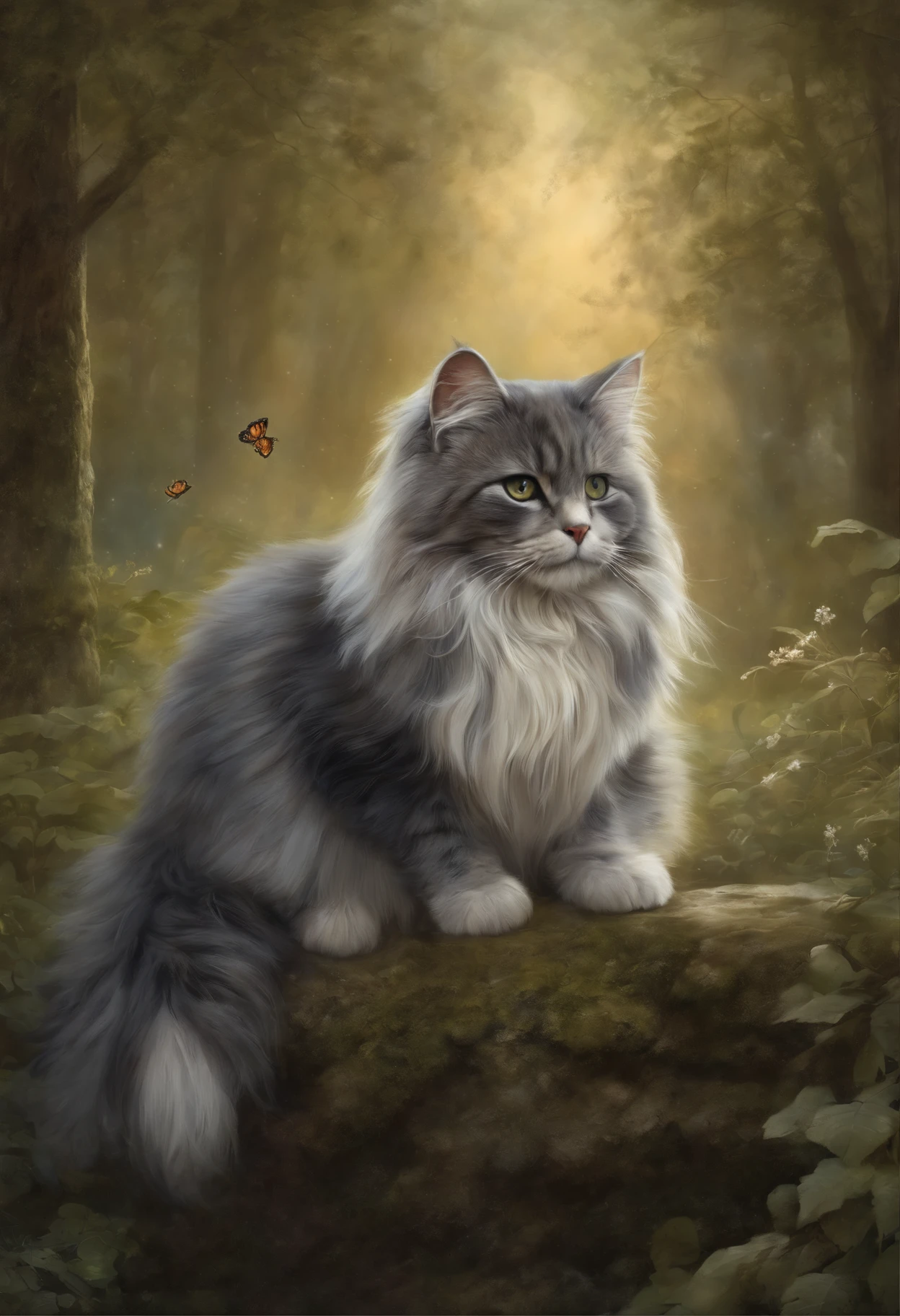 ,Drawing with a cat, sitting on a stone in the snow, butterfly in the sky, butterflies fly into the sky, cat looks at butterflies, a starry sky, inspired Mark Keatley, Anthropomorphic Great Maine, Brian Thomas, by Cynthia Sheppard, Beautiful picture of high, close portrait, magali villeneuve', Heather Theurer, Mark Keatley, Portrait of a cat, Lisa Parker, Thomas Kinkade, blue siberian forest cat,    painting by Jean-Baptiste Monge, anthropomorphic --ar 2:3 --testp -optimistic;  Straight hair