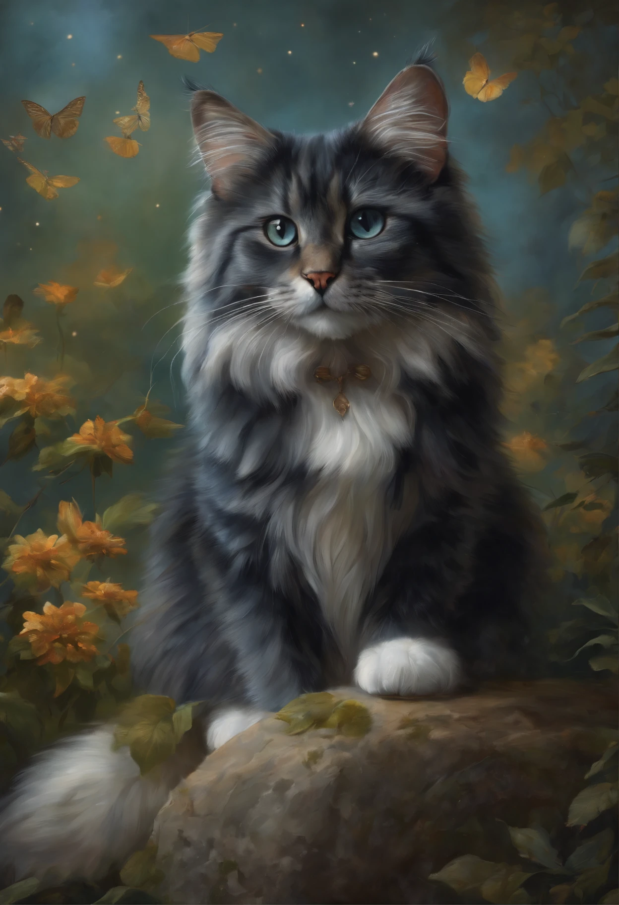 Painting with a cat, sitting on a stone in the snow, butterfly in the sky, butterflies fly into the sky, cat looks at butterflies, a starry sky, inspired Mark Keatley, Anthropomorphic large Maine, Brian Thomas, by Cynthia Sheppard, Beautiful picture of high, close portrait, magali villeneuve', Heather Theurer, Mark Keatley, Cat Portrait, Lisa Parker, Thomas Kinkade, blue siberian forest cat