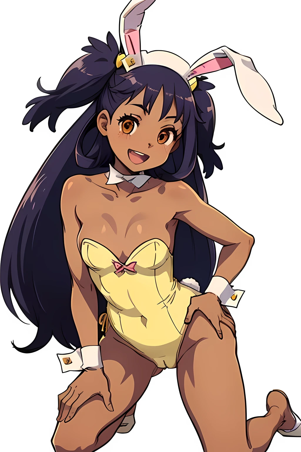 aairis,brown eyes,very long hair,big hair,two side up,hair ornament,dark skin,(nude female),nudity:1.1,pink waist bow,(yellow bunny waitress, bunny ears, white leotard,topless:1.3) , happy, smiling :D, simple background, 1girl, solo, on all fours, kneeling, crawling, wearing a dog collar, cowboy shot, medium breasts