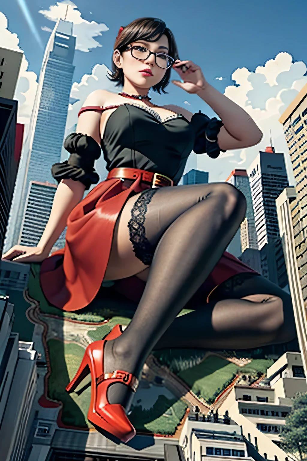 der riese art, 非常に詳細なder rieseショット, der riese, Shorthair, Giant woman bigger than a skyscraper, Wearing rimless glasses, Colossal tits, Big ass, Red Santa Dresses, Black pantyhose, Her shoes are high heels and stiletto red sandals., very small metropolis, Trying to destroy a miniature metropolis, Full body depiction, nffsw, giga der riese, der riese, Black pantyhose, Stomping City,crash city,Small town,micro city,