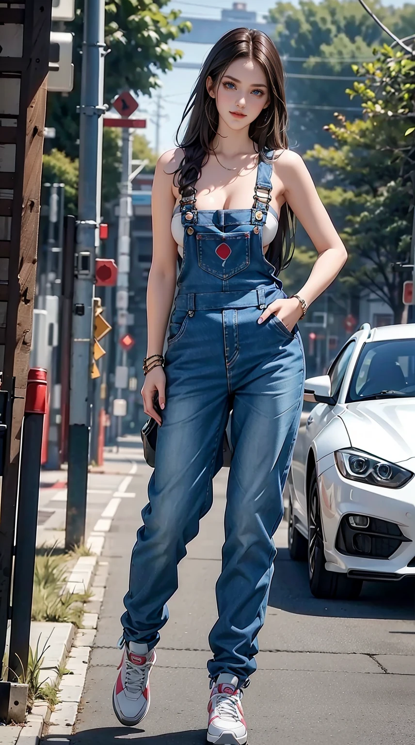 24-year-old Caucasian woman、Hair color is brunette、Eye color is blue、Longhaire、A slender、a smile、Beautiful breasts、naked and wearing overalls、I have my hands in my pockets、I'm wearing sneakers、I tie my hair with a rubber band