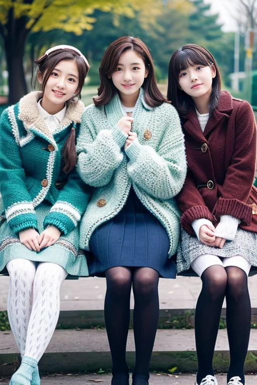 Three beautiful girls wearing down jackets、、Knitted skirt、knit tights、Sit on a park bench、