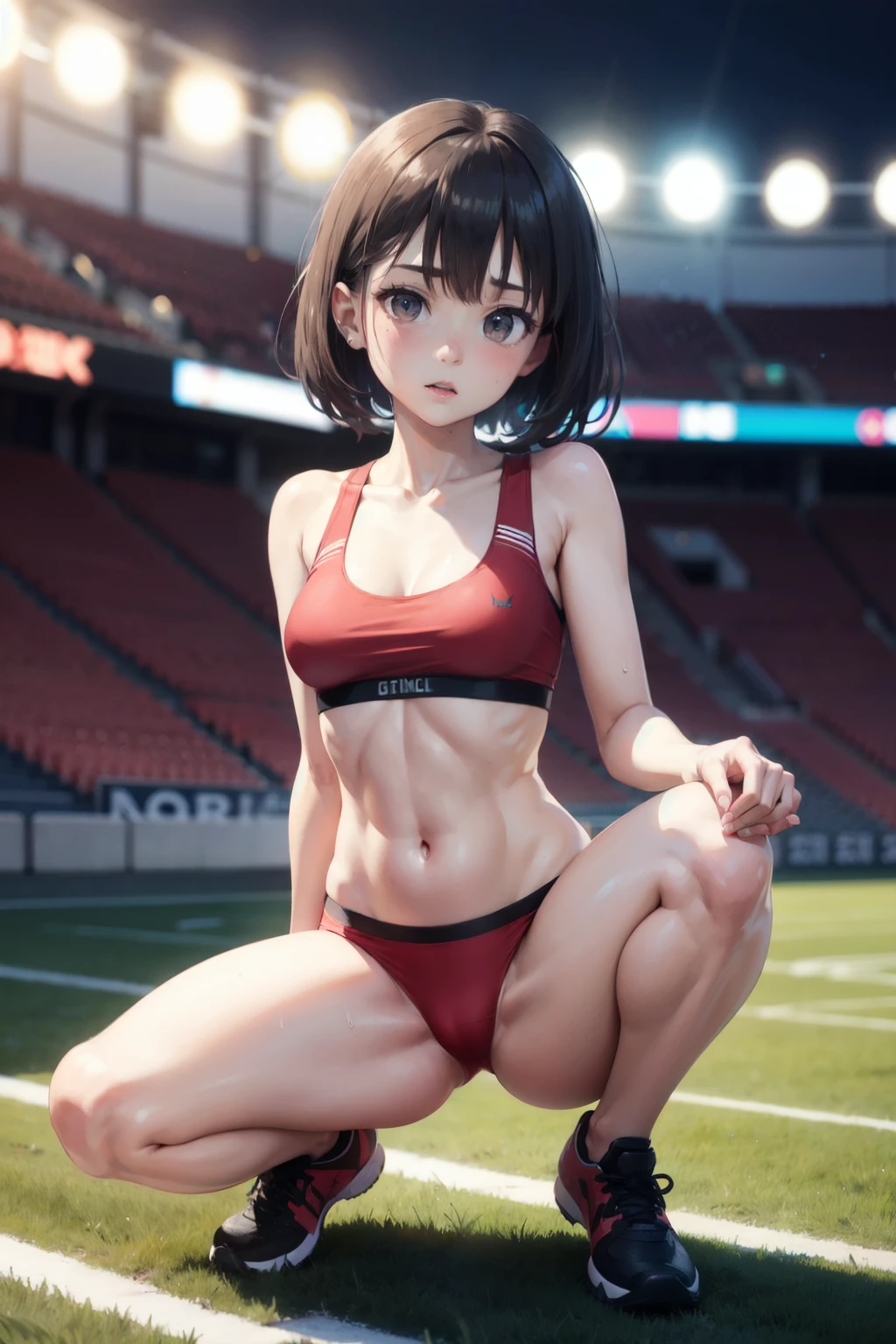 top-quality、lighting like a movie、 One girl in red sports bra and sports panties、small tits、Slender Line、Squat and open legs、stadium、Tall、small tits、full of sweat、A dark-haired、tiny chest、small ass、ツインテールA dark-haired、