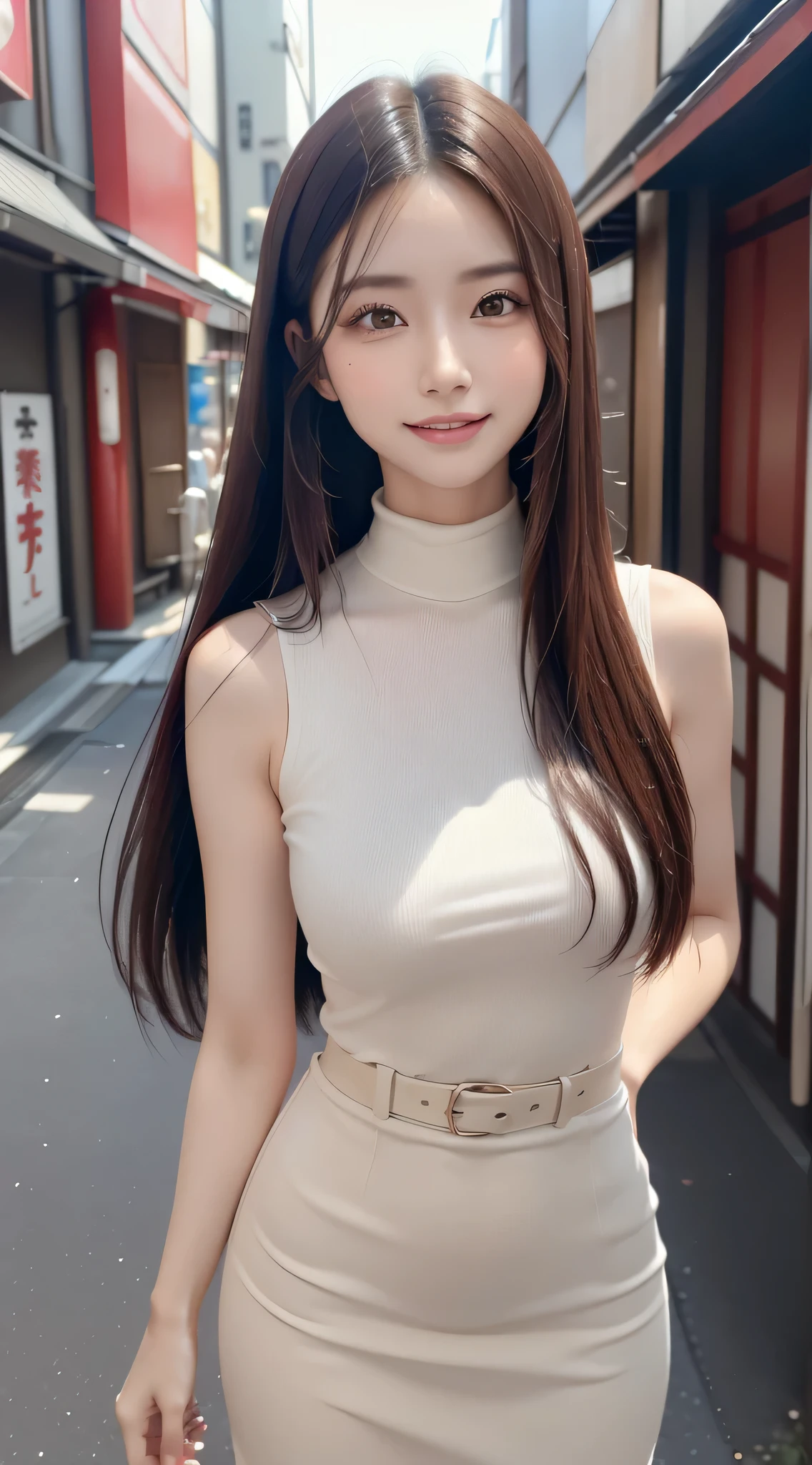 (Best Quality, 32K, nffsw:1.2),(Refreshing smile:1.5),(Look at viewers:1.1）,（hide one's hands:2.0）,(Beautiful Japan Woman）,（straight haired, Long hair, finer hair:1.2), （ High neck sleeveless , tight skirts:1.5), （high-heels;1.3), detailed  clothes, (Perfect female body), (Narrow waist:1.3), (Bust Up Portrait:1.3),  Strong windy days, Dynamic Pose, Cinematic Light, 135 mm, Fuji Film,