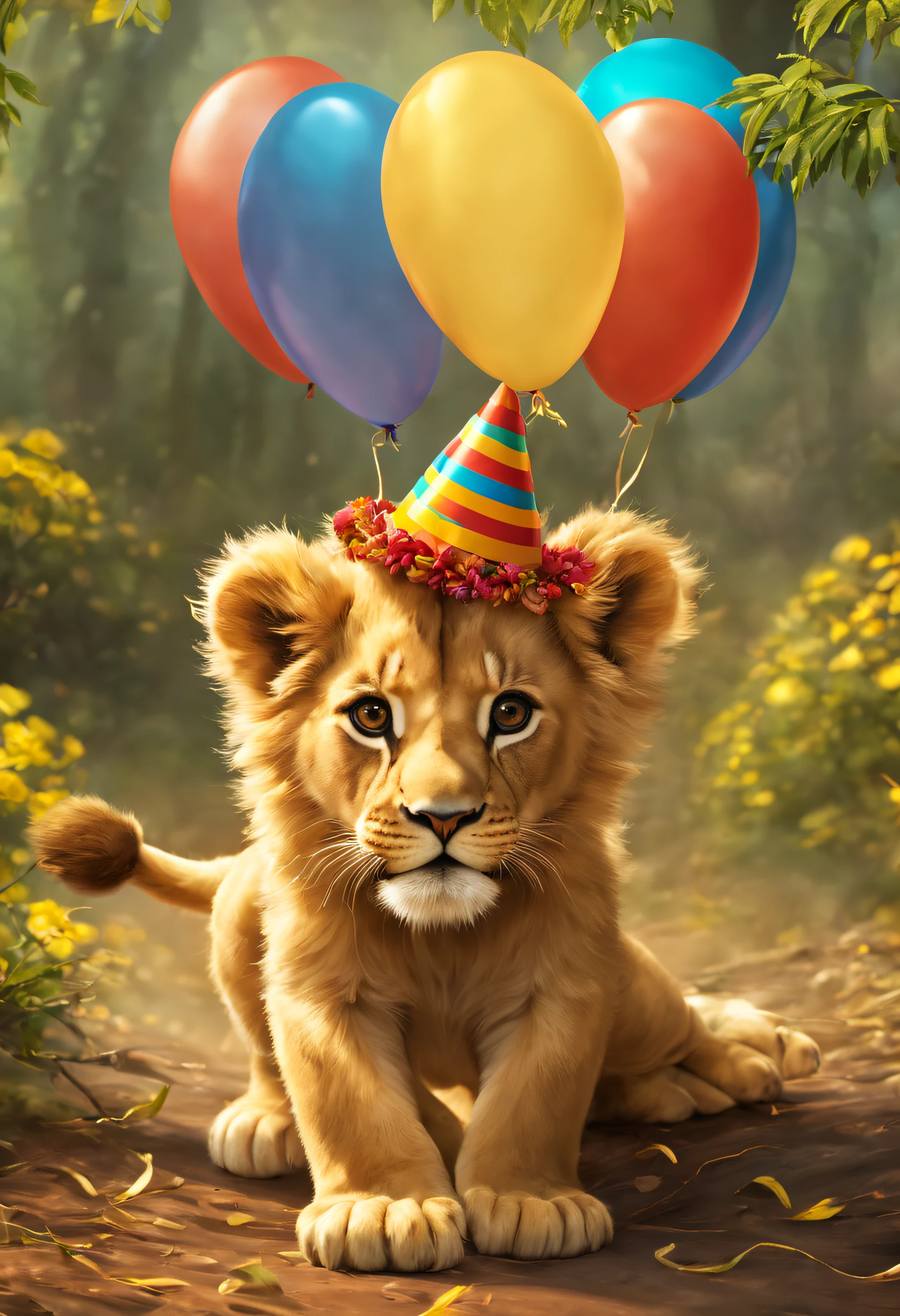 Baby Lion, na floresta, wearing birthday hat, playing with golden balloons