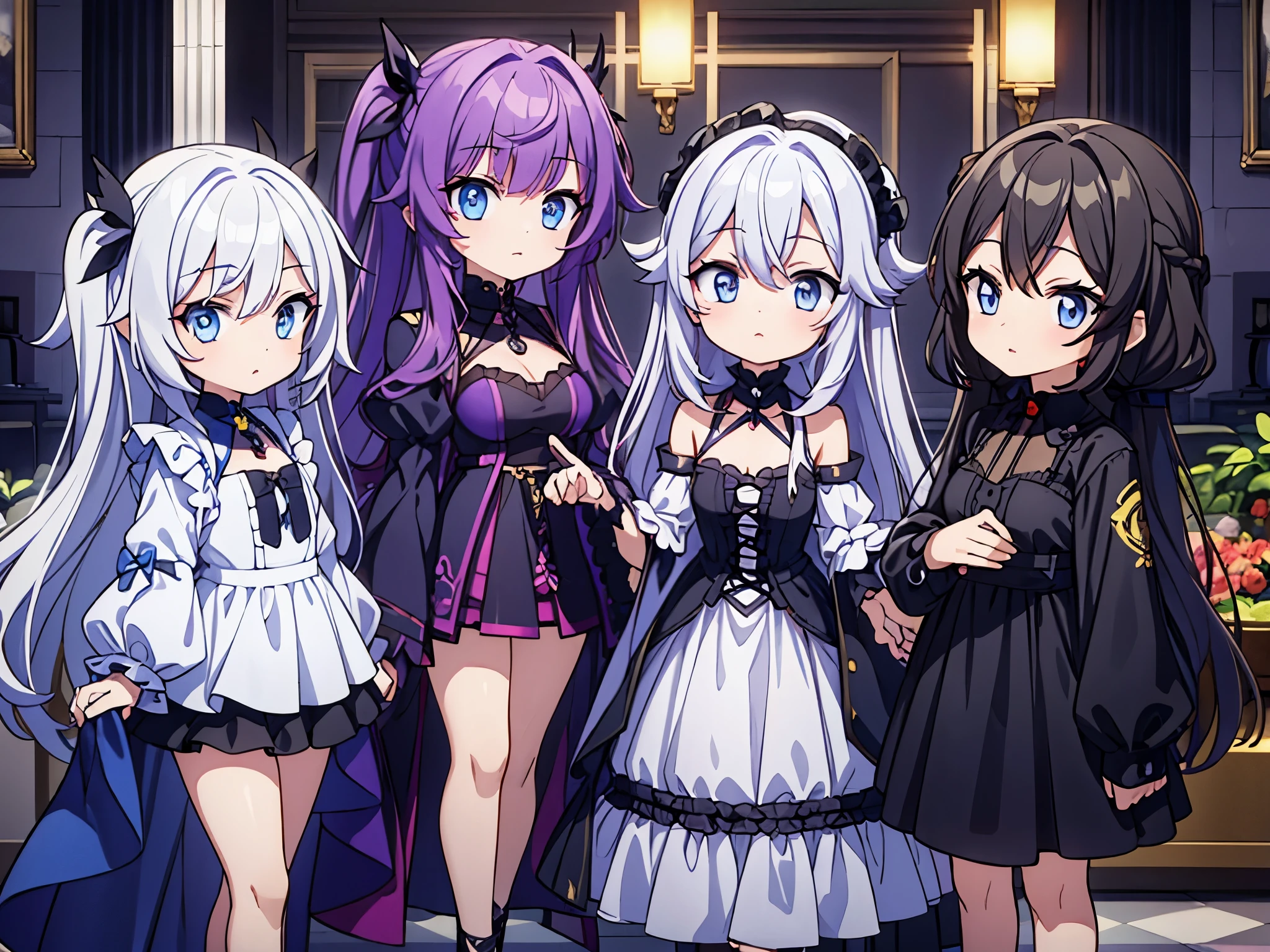 female twins, hairstyles different, hair colors different, iris colors different, outfits different,