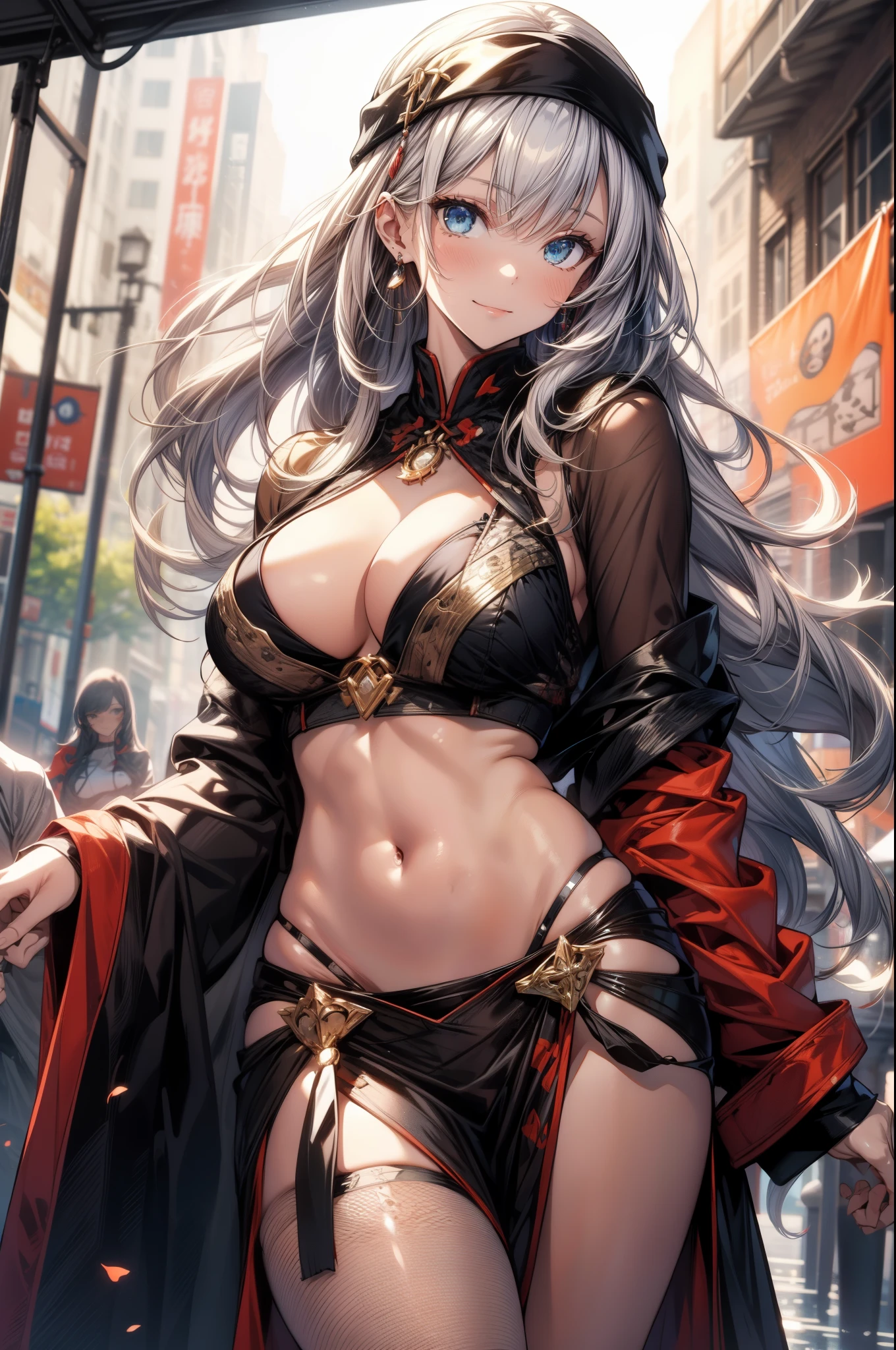 ((Ultra high resolution, 8K RAW photo, super realistics)), ((correct anatomy:1.5)), dancing Oppai gal, swinging boobs, stepping hard, leg up, long wavy hair, silver hair, crimson mesh hair, floating hair, fluttering hair, (high detailed face, super detailed eye), (sfw:1.25), belly dance, Arabian, delicate detailed clothes and accessories, see-through clothes, mesh robe, great festival show, special altar, sexy dance, leaning backward, showing off crotch, looking at viewer, sexy smile, dutch angle, from below, floating extra see-through clothes, in front of temple, splash, bokeh, extra floating see-through clothes,