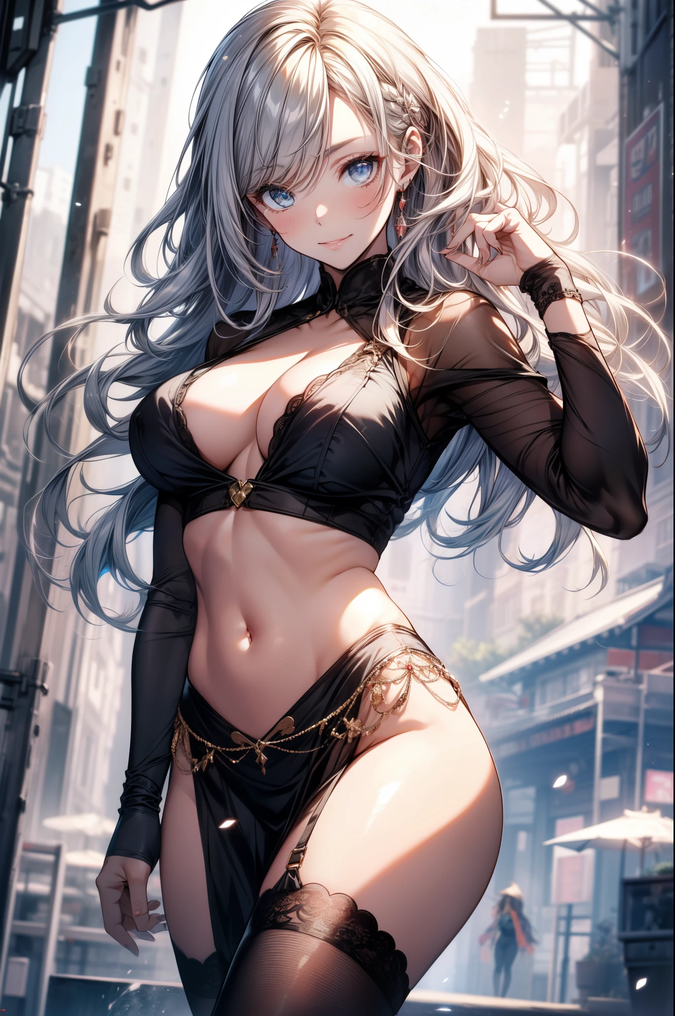 ((Ultra high resolution, 8K RAW photo, super realistics)), ((correct anatomy:1.5)), dancing Oppai gal, swinging boobs, stepping hard, leg up, long wavy hair, silver hair, crimson mesh hair, floating hair, fluttering hair, (high detailed face, super detailed eye), (sfw:1.25), belly dance, Arabian, delicate detailed clothes and accessories, see-through clothes, mesh robe, great festival show, special altar, sexy dance, leaning backward, showing off crotch, looking at viewer, sexy smile, dutch angle, from below, floating extra see-through clothes, in front of temple, splash, bokeh, extra floating see-through clothes,