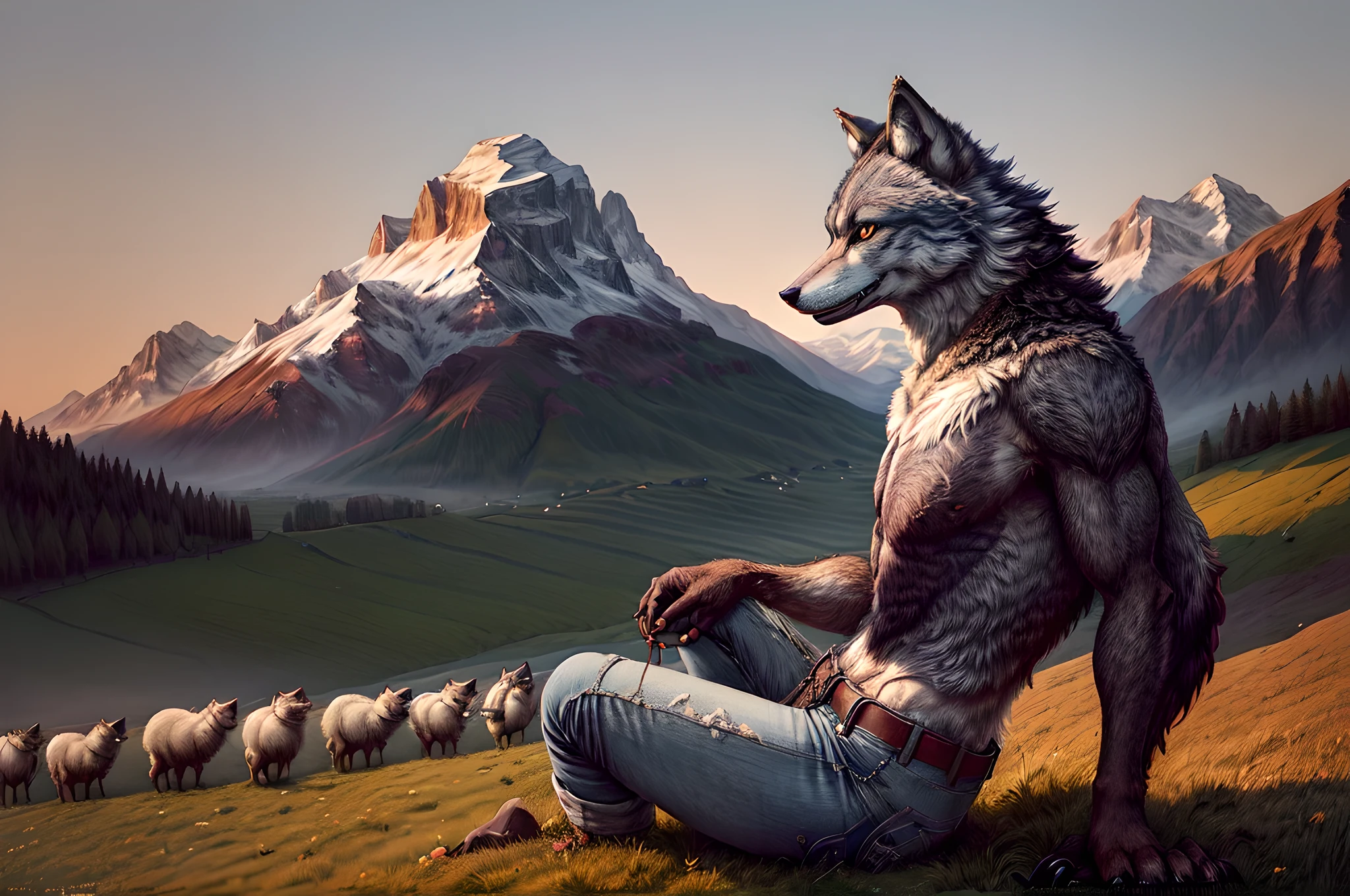 a picture of an (anthropomorphic wolf: 1.4) herding sheep in the meadows, an anthropomorphic wolf, wearing ref shirt, blue jeans, sitting on the hill, smiling watching the sheep in the meadows, its dawn, the sun is rising, (best quality)), ((masterpiece)), (detailed), perfect face