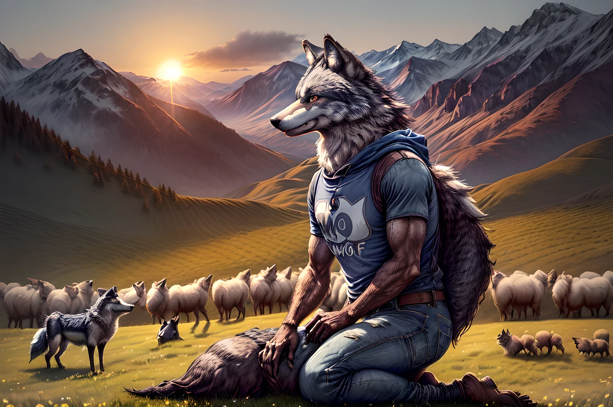 a picture of an (anthropomorphic wolf: 1.4) herding sheep in the meadows, an anthropomorphic wolf, wearing ref shirt, blue jeans, sitting on the hill, smiling watching the sheep in the meadows, its dawn, the sun is rising, (best quality)), ((masterpiece)), (detailed), perfect face