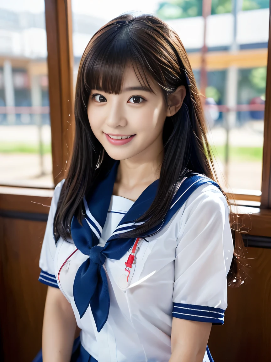 (((Draw only one woman: 2))), Beautiful 18 year old Japan woman, (A high school girl wearing a sailor uniform with short sleeves and a ribbon: 1.5), (Japan strict girls' school sailor uniform), ((Body-fitting sailor suit:1.5)), ((Big breasts in uniform&#39;It&#39;s going to explode:1.5)), ( High school girl sitting in the church pew: 1.2), (Beautiful and elaborate stained glass on the background: 1.5), ((1screen)), in 8K, RAW shot, top quality photo, masutepiece, Amazing realism photos, (lighting like a movie:1.5), ((Anatomically correct proportions: 1.5)), ((perfectly proportions)), (Cute woman like an idol in Japan:1.5), Detailed face, Detailed eyes, Narrow Nose, Detailed skin, (Beautiful long hair: 1.5), (Transparent bangs:1.5), {{facial close-up:1.5}}, (ssmile:1.2), (Angle from the side)