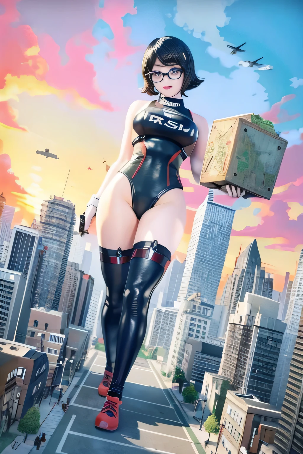 der riese art, 非常に詳細なder rieseショット, der riese, Shorthair, Giant woman bigger than a skyscraper, Wearing rimless glasses, Colossal tits, Big ass, Competitive swimsuit, very small metropolis, Trying to destroy a miniature metropolis, Full body depiction, nffsw, giga der riese, der riese, Stomping City,crash city,Small town,micro city,