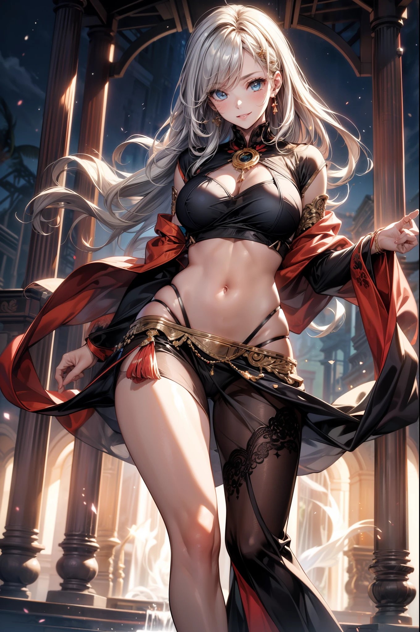 ((Ultra high resolution, 8K RAW photo, super realistics)), ((correct anatomy:1.5)), dancing Oppai gal, swinging boobs, stepping hard, leg up, long wavy hair, silver hair, crimson mesh hair, floating hair, fluttering hair, (high detailed face, super detailed eye), (sfw:1.25), belly dance, Arabian, delicate detailed clothes and accessories, see-through clothes, mesh robe, great festival show, special altar, sexy dance, leaning backward, showing off crotch, looking at viewer, sexy smile, dutch angle, from below, floating extra see-through clothes, in front of temple, splash, bokeh, extra floating see-through clothes,