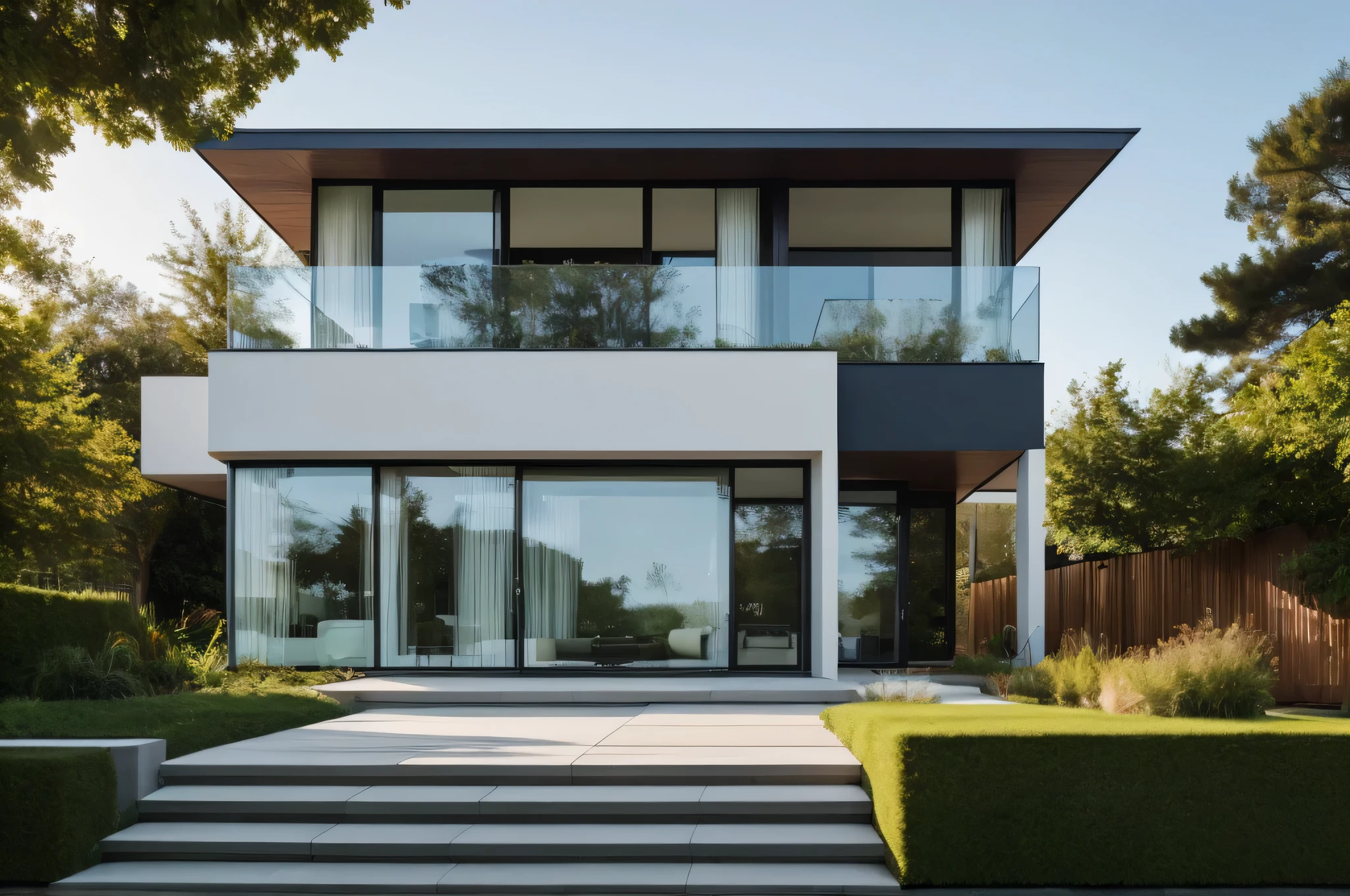 front view,building,house,glass,window,white wall,outdoors,day,blue sky,tree,grass,rock,pavement,plant,lighting,stairs,real,(realistic),photo realistic,architecture photography,highly detailed,(masterpiece),(high quality),best quality,super detailed,full detail,4k,8k,Peach blossom