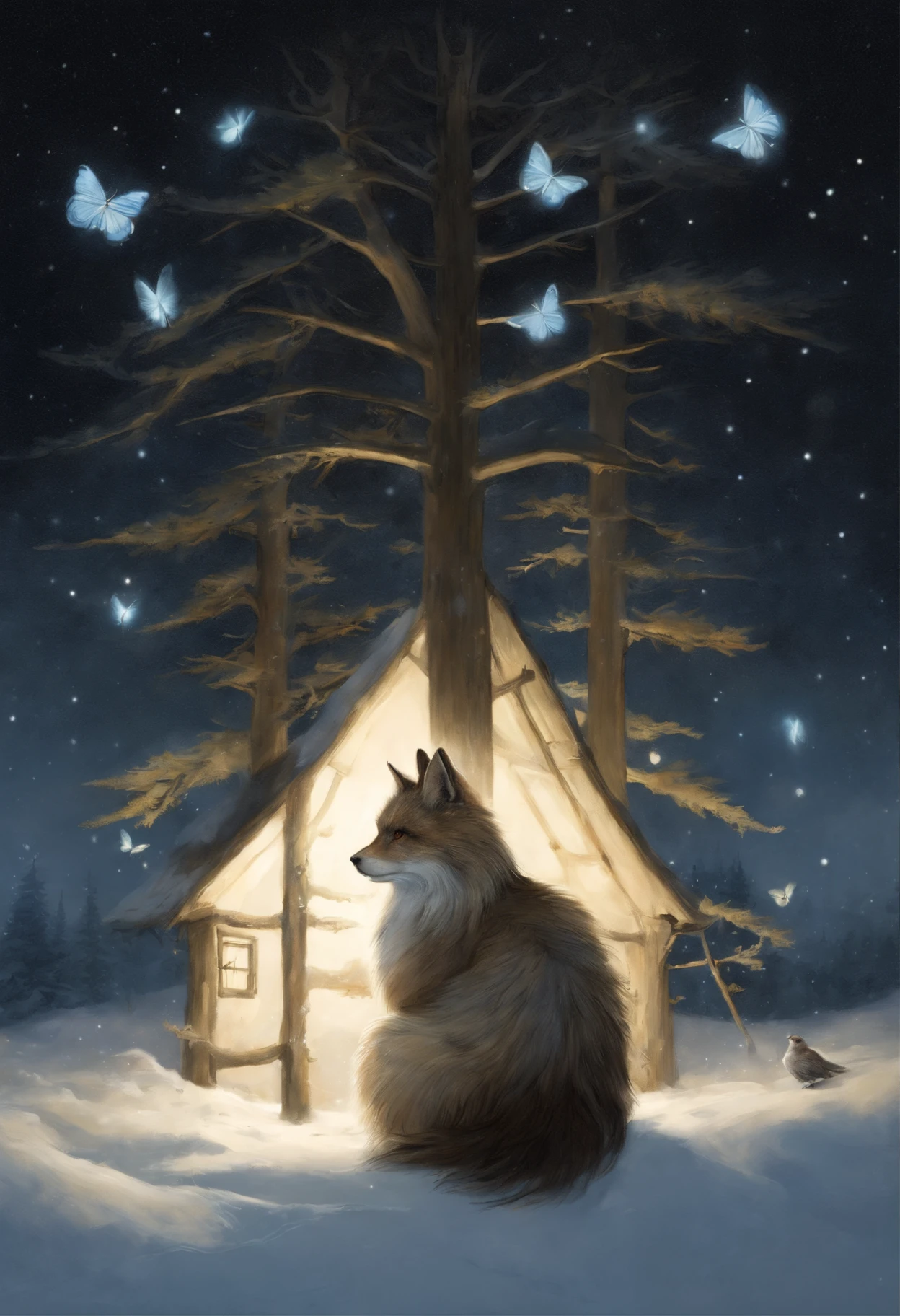 真实感, dark fantasy style, John Tolkien style, Small painting by Jean-Baptiste Monge, huge fluffy spruce in fluffy snow, there are many colorful butterflies around the tree, a starry sky, The stars are shining, Snow is falling, Jean-Baptiste Monge, anthropomorphic --ar 2:3 --testp -optimistic;
