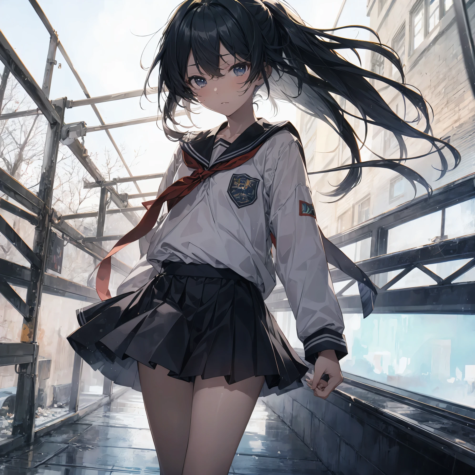 Super high quality by the art god, Ultra-detailed, High resolution, anime moe art style, best anime 8K konachan wallpaper, Pixiv Contest Winner, Perfect Anatomy, BREAK,(Draw a girl sleepily walking to school. ),BREAK, 1girl in, (Solo,Lori,child,13years:1.3),Full limbs, complete fingers,a junior high school student, Androgynous attraction, (Very short hair), Sleeping hair, hair messy, flat chest, Small butt, groin, Small eyes,Beautiful detailed black eyes, Well-proportioned iris and pupils, disgusted eye,  High resolution detailed hair, School uniform, Skirt, On the way to school. BREAK,Ultra-detailed細なスキン, Best lighting by famous artists, 8K, Illustration,