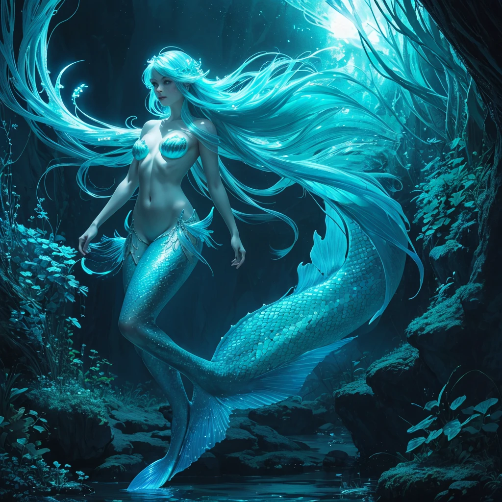 Photorealistic beautiful bioluminescent mermaid, full body portrait. intricate details, HDR, beautifully shot, hyperrealistic, sharp focus, 64 megapixels, perfect composition, high contrast, cinematic, atmospheric, moody