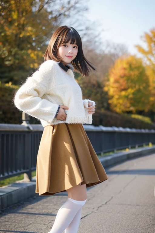 Beautiful girl wearing a down coat、years、With bangs、Knitted skirt、knit tights、Spinning、