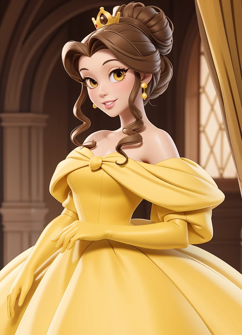 1girl, female character with brown hair in an updo, fair skin, hazel eyes, wearing a yellow off-the-shoulder ball gown with matching opera gloves, Princess Belle