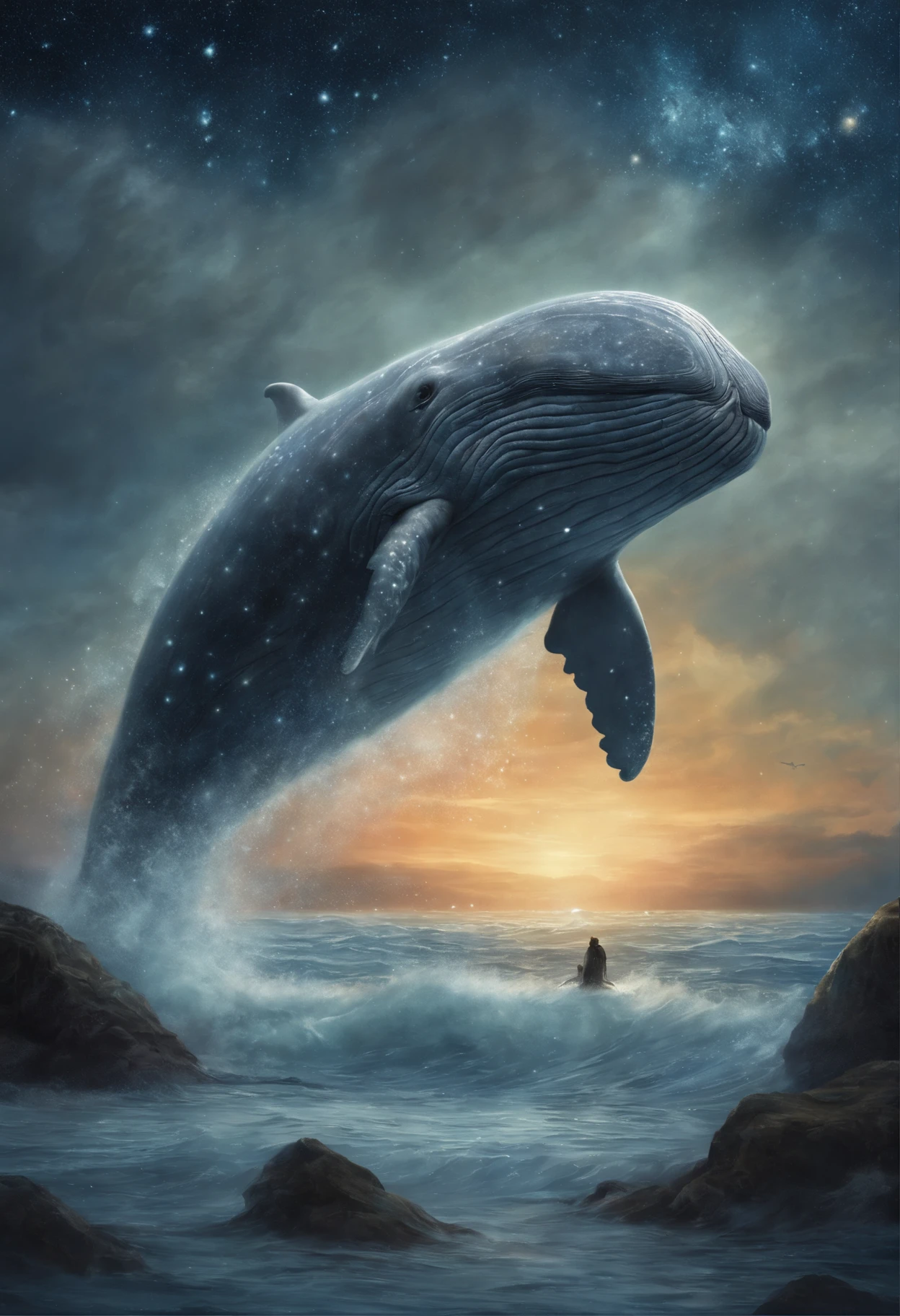 A huge gray whale jumps out of the starry sea, Magnetic storms, the night, starry sky sea, a huge gray whale in the starry sky, Jean-Baptiste Monge, anthropomorphic --ar 2:3 --testp -optimistic; Straight hair