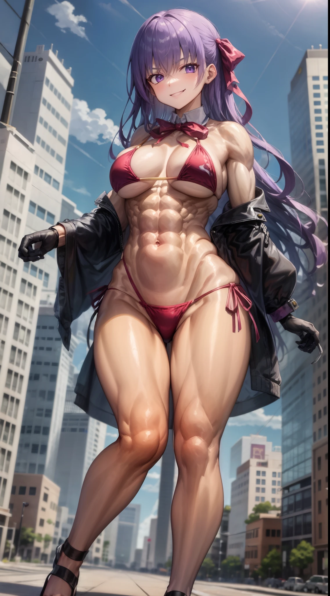 Hugo, NFFSW, (purple hair), long hair, bangs, (purple eyes: 1.1), (average breasts: 1.2), (very short and sexy bikini), (muscular thighs), muscular abdomen, slim waist , wide hips, wearing a black high-heeled shoe, black gloves, hair ribbon, red bow, ribbon bow, break looking at the viewer, break billboards, break (masutepiece: 1.2) ,evil smile、(standing)、 beautiful legs、As if looking from below、in the open air、outside、