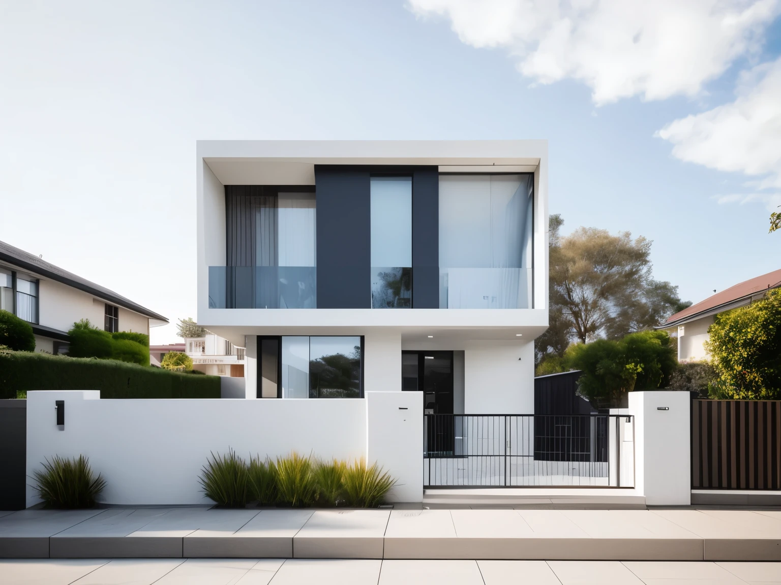 front view,building,house,glass,window,white wall,outdoors,day,blue sky,tree,grass,rock,pavement,plant,lighting,stairs,real,(realistic),photo realistic,architecture photography,highly detailed,(masterpiece),(high quality),best quality,super detailed,full detail,4k,8k,