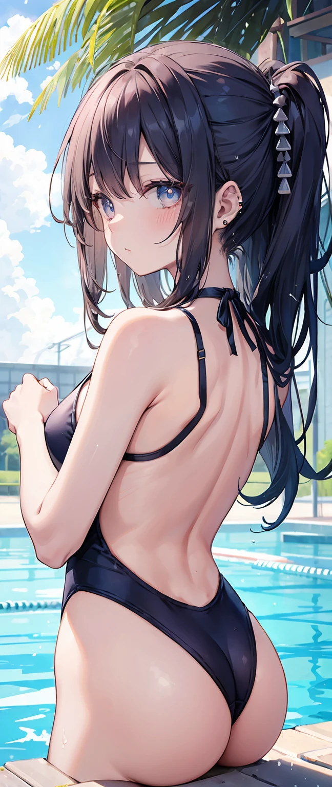 1 girl, watery big eyes*Su Jiushui*Wet hair*hair open*ear studs*swimmingpool>,, Low RA:Add to_the detail:1，One-piece swimsuit，flatchest，back