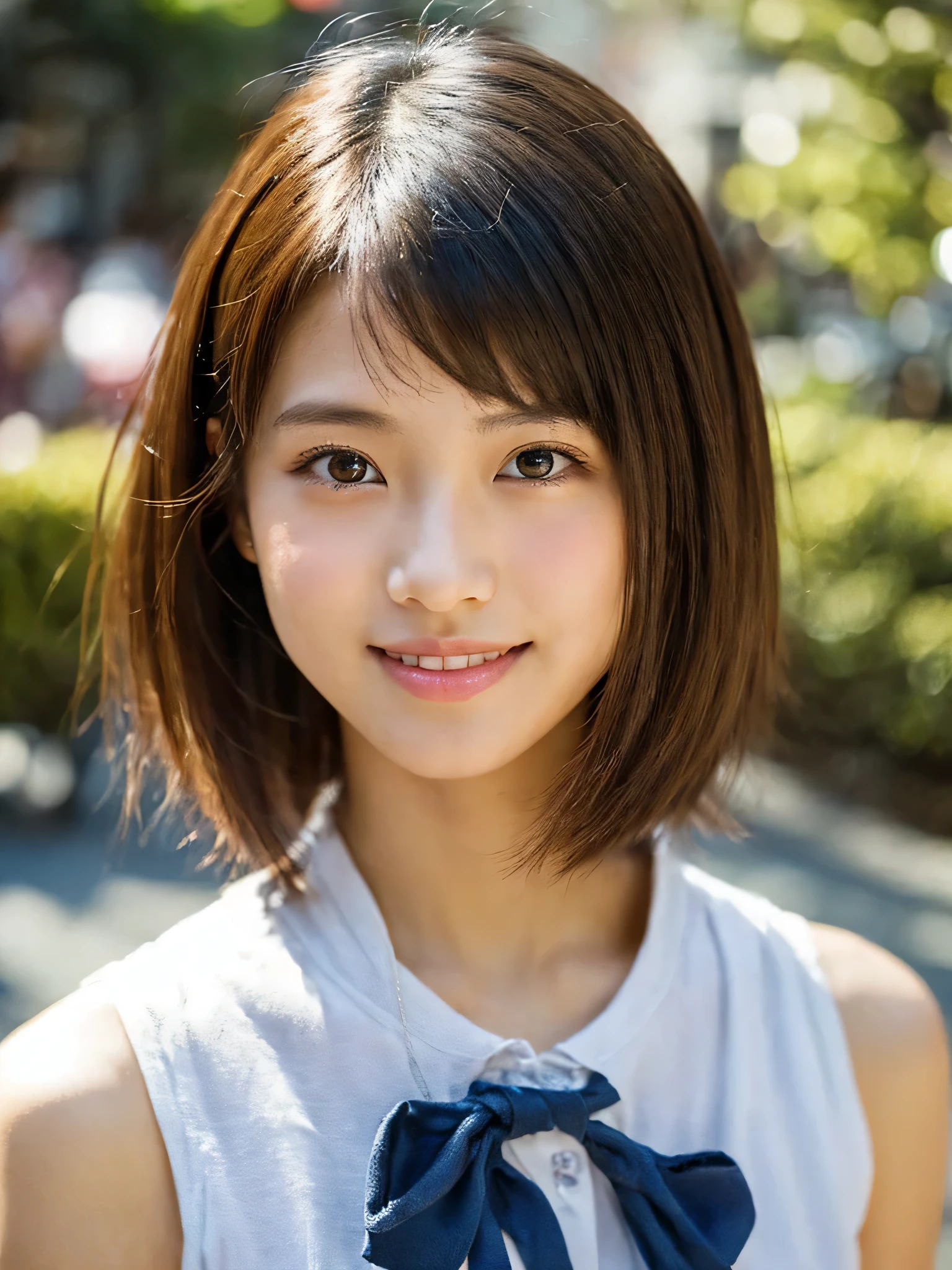 short-hair、high-school uniform、Pose like a model、A smile、Natural Photography。