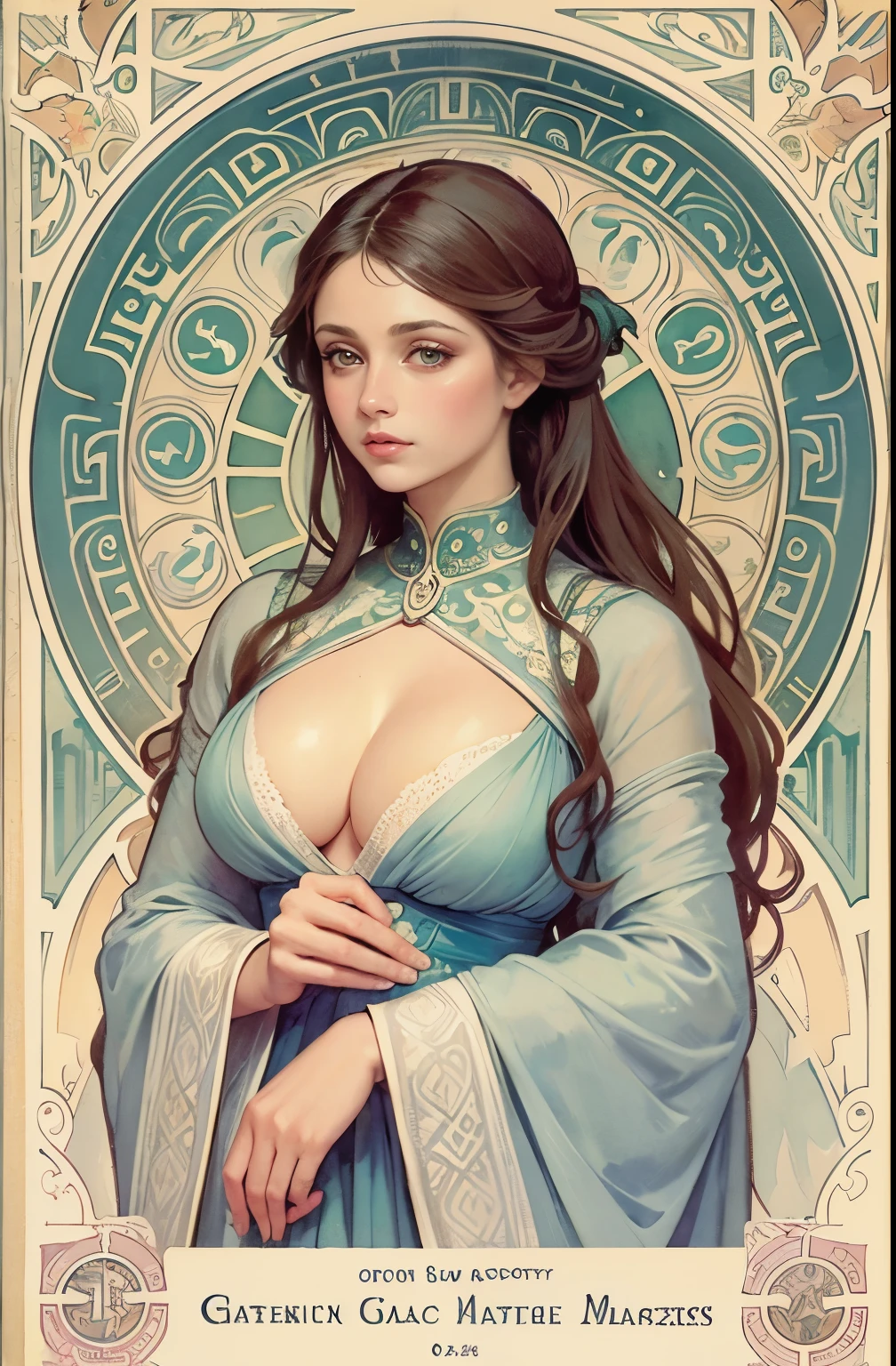 ((masterpiece)), (best quality), (cinematic), art nouveau style watercolor painting , Greek goddess, large breasts, big eyes, long thick eyelashes, cleavage, fair skin, full lips, green eyes, long thick fair hair, high ponytail. Flower _background, featuring intricate designs and patterns in the style of Alphonse Mucha.