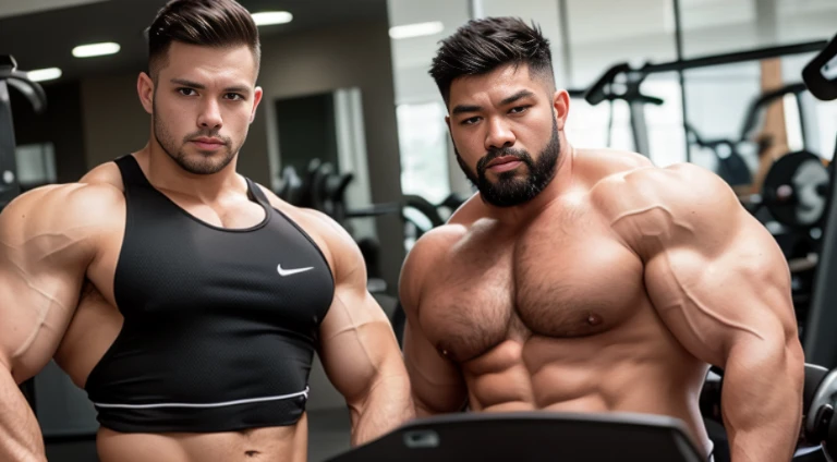 (Very detailed 8k wallpaper), two asian men, muscle worship, arms folded, At the gym, high detailing, buzzcut, very large and strong body, bulging muscles, well-muscled, very large pectoral muscles. Very sexy abs, legs are well-muscledの, Toned figure, lightens oily skin, well-muscledの, Tank top, T-shirt, longshot, Wide Shot