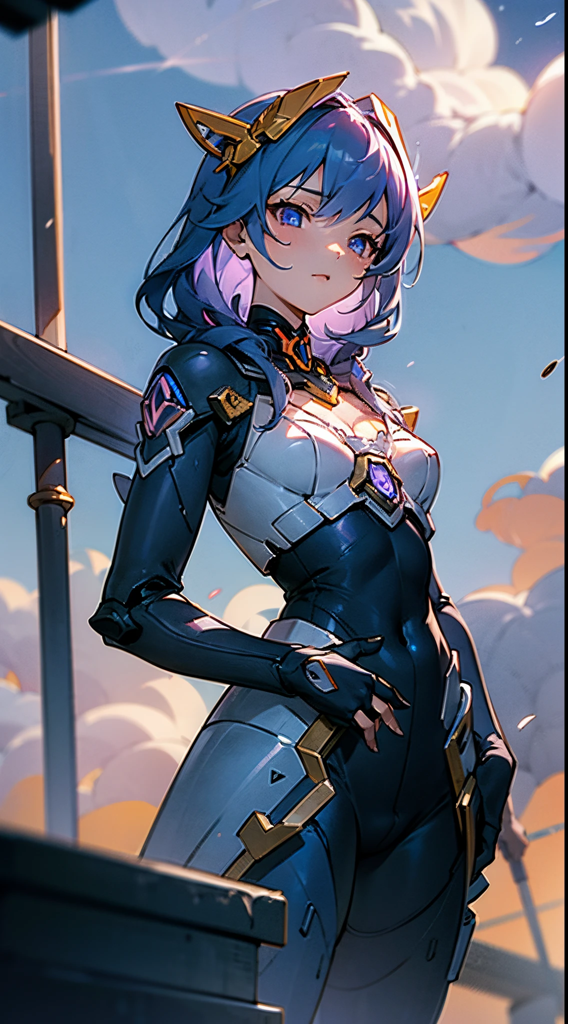High Definition, skyporn, Super cute girl, Clouds, Spear weapons, blazing, Cutting-edge girl robot, building, Glowing eyes, State-of-the-art mechanics, Science fiction, city, Real, Blue Main Mecha, Chest core,Like Poseidon,