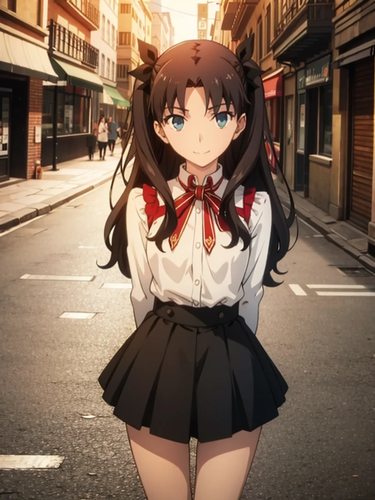 Top Quality, (Masterpiece: 1.2), High Definition, Around Town, Street Scene, Night, Rin Tohsaka, 1girl, Solo, Standing, from side, (arms behind back:1.5), Looking at Her, Smiling, Long Hair, Two Side Up, Brown Hair, Blue Eyes, Hair Ribbon, Red Turtleneck, Long Sleeves, Pleated skirt, black skirt, kneehighs
