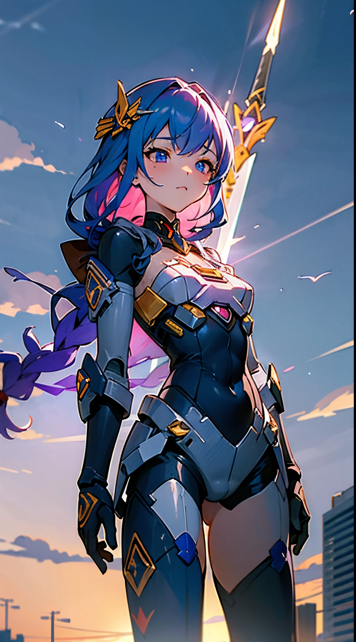 High Definition, skyporn, Super cute girl, Clouds, Spear weapons, blazing, Cutting-edge girl robot, building, Glowing eyes, State-of-the-art mechanics, Science fiction, city, Real, Blue Main Mecha, Chest core,Like Poseidon,